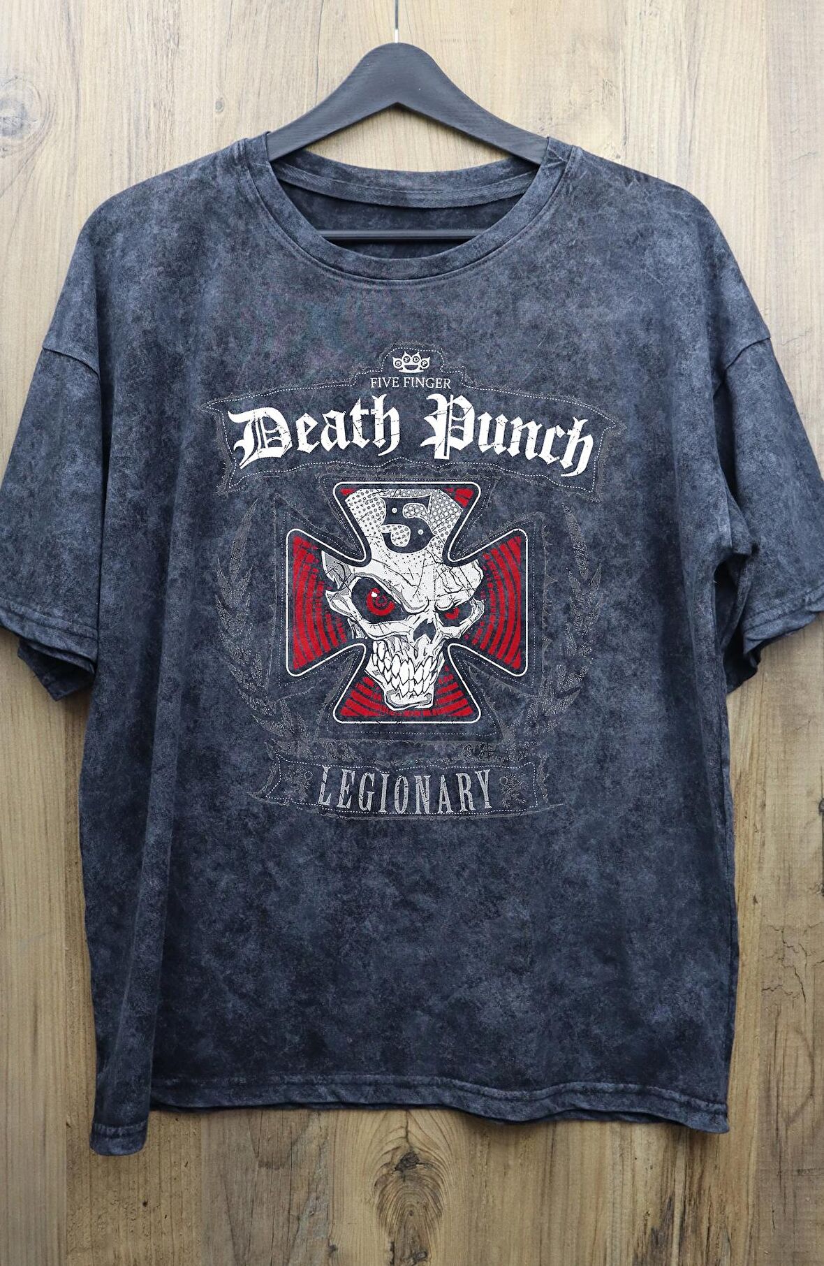 Unisex Five Finger Death Punch Baskılı Yıkamalı Tişört,Oversize Rock-Metal Baskılı Vintage T-Shirt