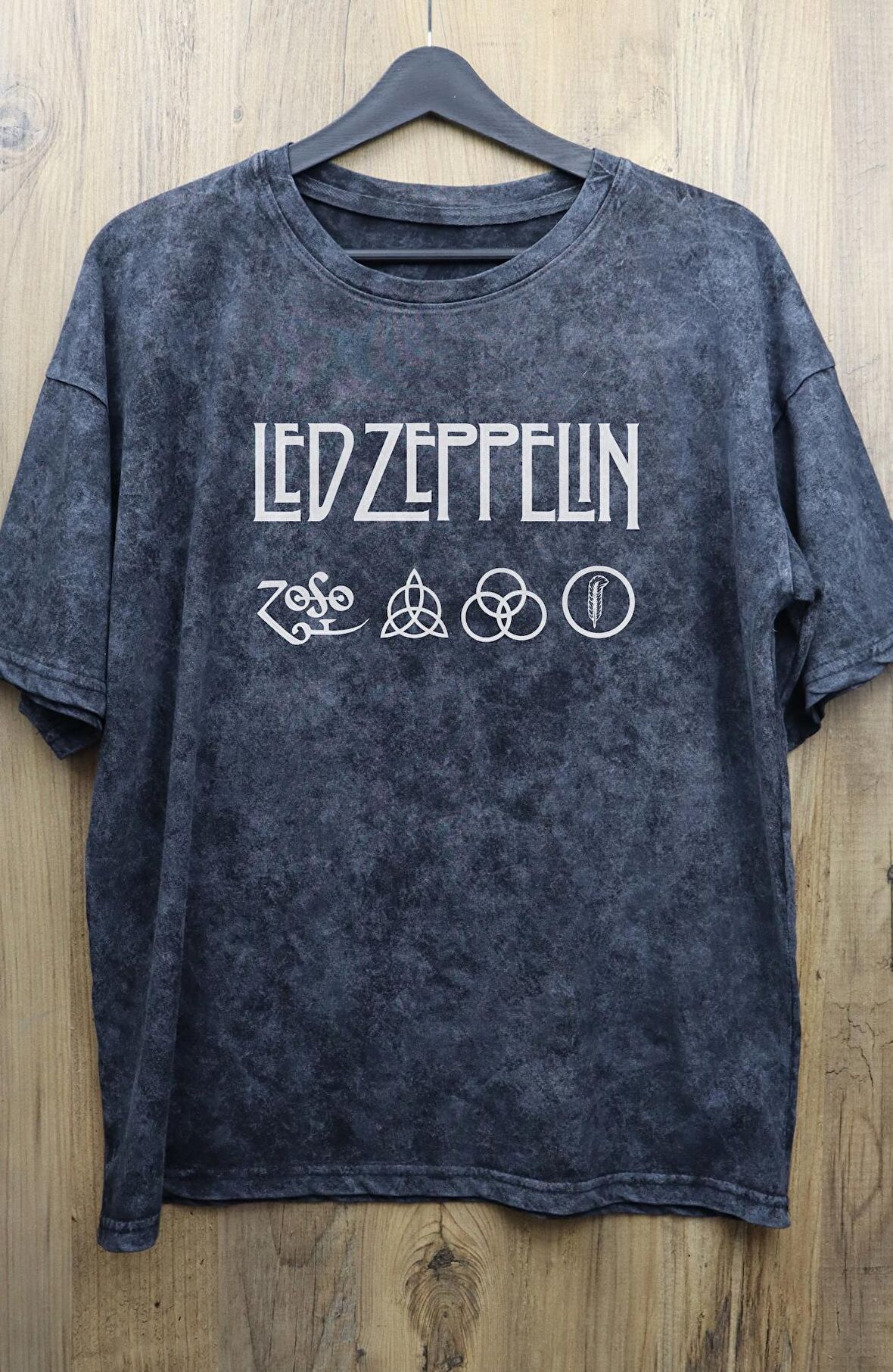 Unisex Led Zeppelin Baskılı Yıkamalı Tişört, Oversize Rock-Metal Baskılı Retro T-Shirt