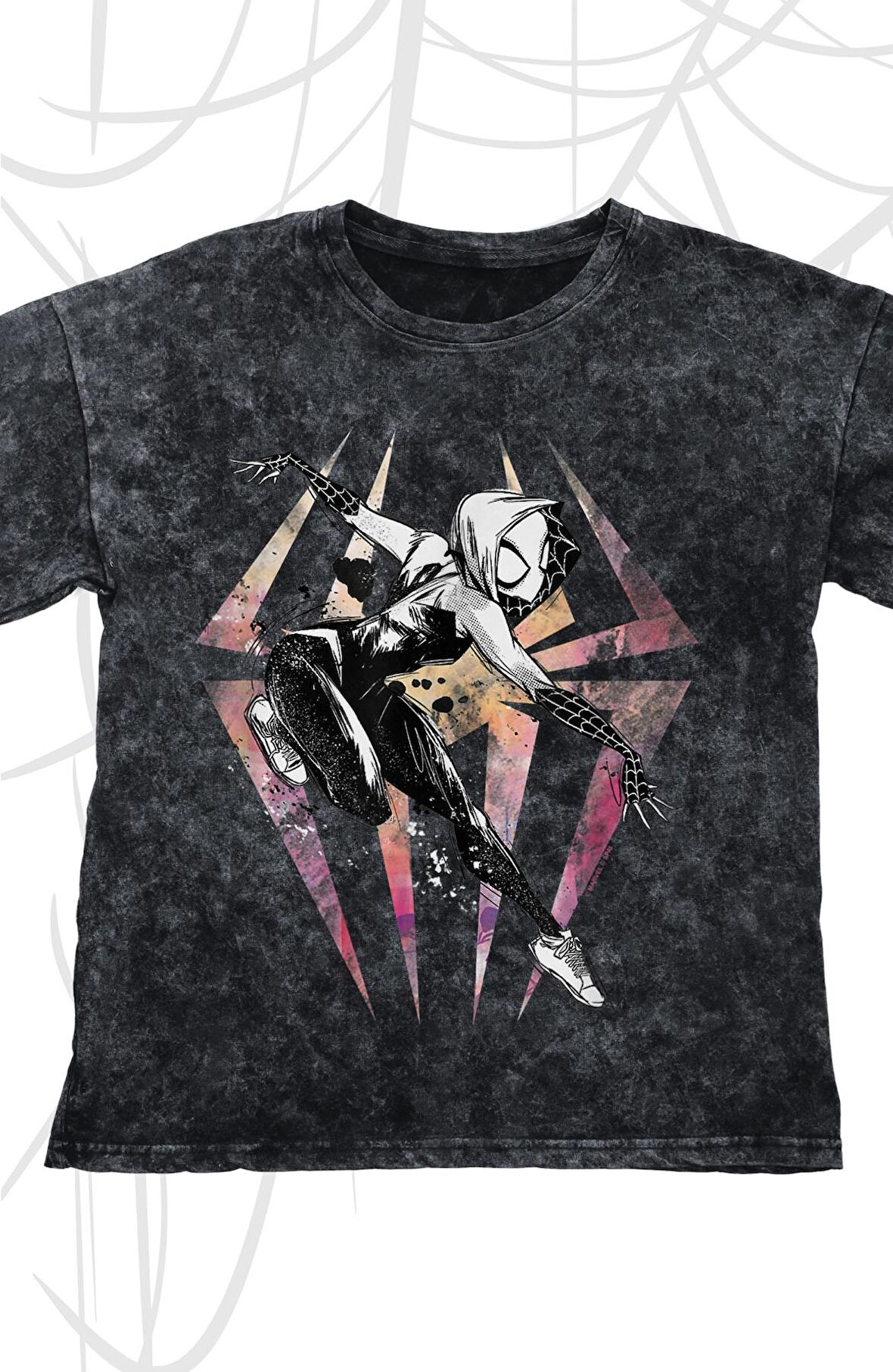 Unisex Spider Gwen Baskılı Yıkamalı Tişört, Oversize Örümcek Evreni Baskılı Retro T-Shirt