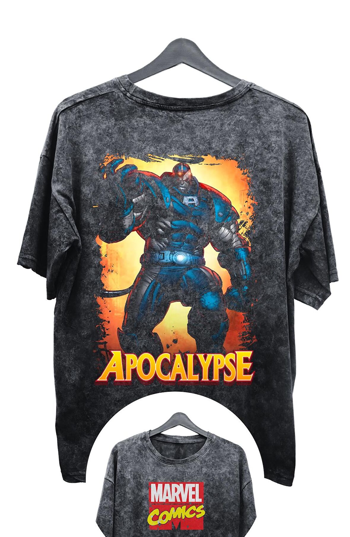 Unisex Apocalypse Baskılı Yıkamalı Tişört, Oversize Marvel Comics Baskılı Retro T-Shirt