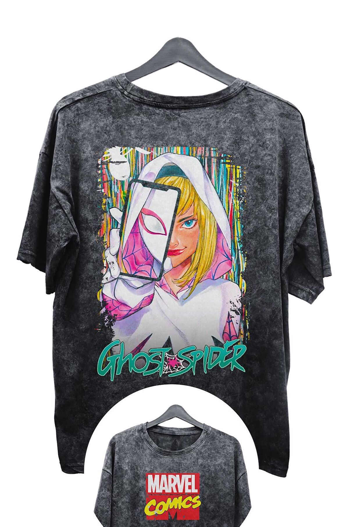 Unisex V2 Ghost Spider Baskılı Yıkamalı Tişört, Oversize Marvel Comics Baskılı Eskitme T-Shirt
