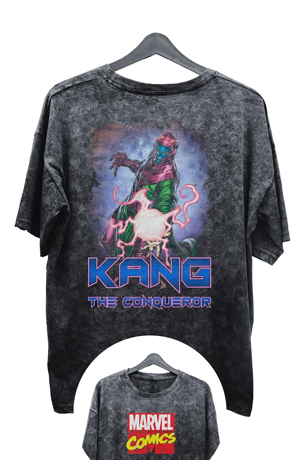 Unisex Kang The Conqueror Baskılı Yıkamalı Tişört, Oversize Marvel Comics Baskılı Eskitme T-Shirt