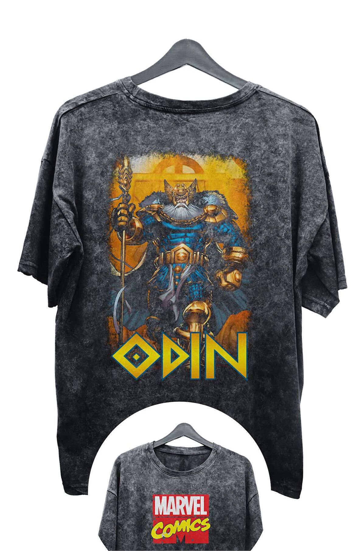 Unisex Odin Baskılı Yıkamalı Tişört, Oversize Marvel Comics Baskılı Vintage T-Shirt