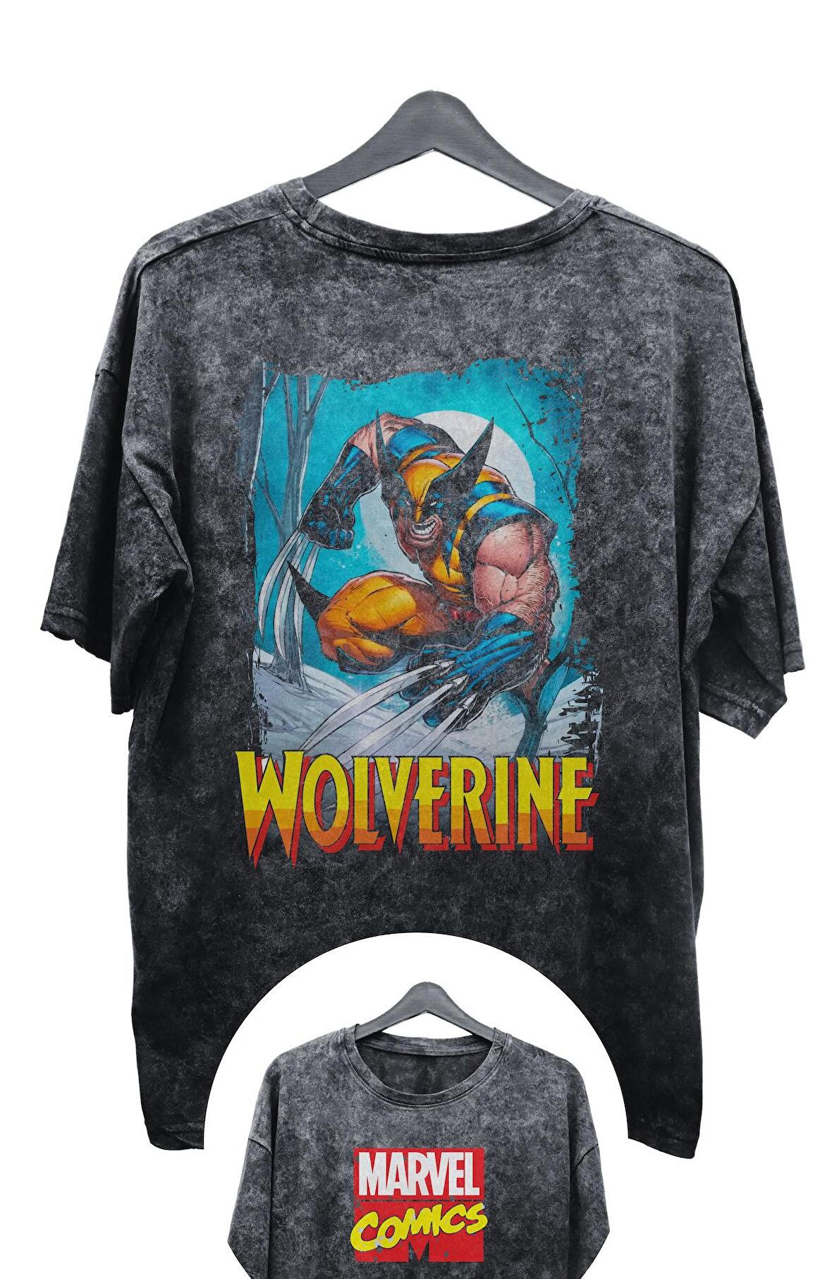 Unisex V2 Wolverine EX Baskılı Yıkamalı Tişört, Oversize Marvel Comics Baskılı Vintage T-Shirt