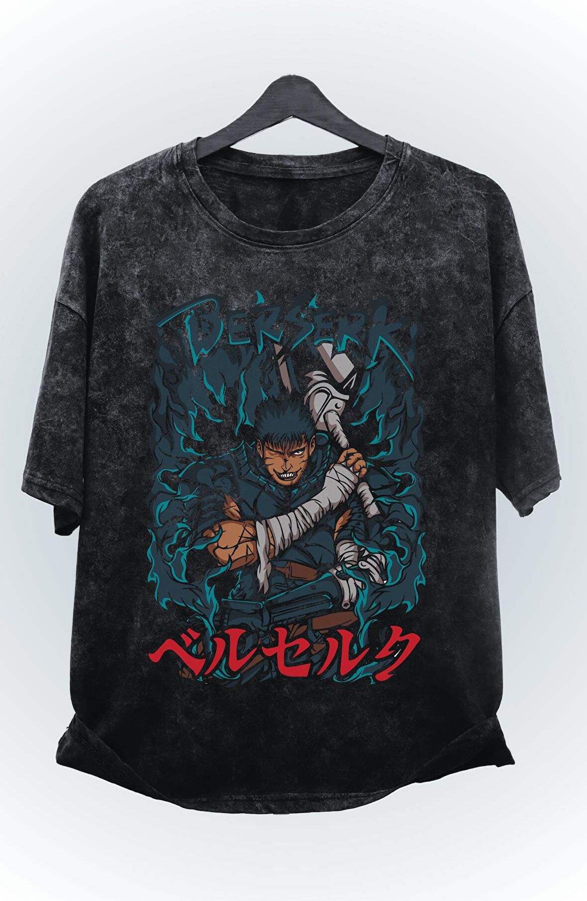 Unisex Berserk Green Baskılı Yıkamalı Tişört, Oversize Anime Baskılı Vintage T-Shirt