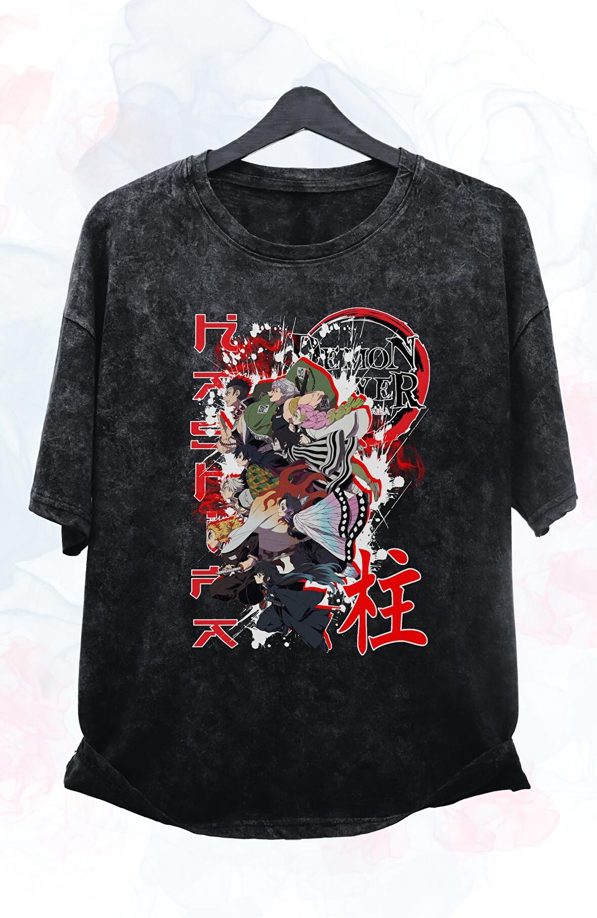 Oversize Demon Slayer Hashiramalar Baskılı Yıkamalı T-Shirt, Unisex Anime Baskılı Vintage Tişört