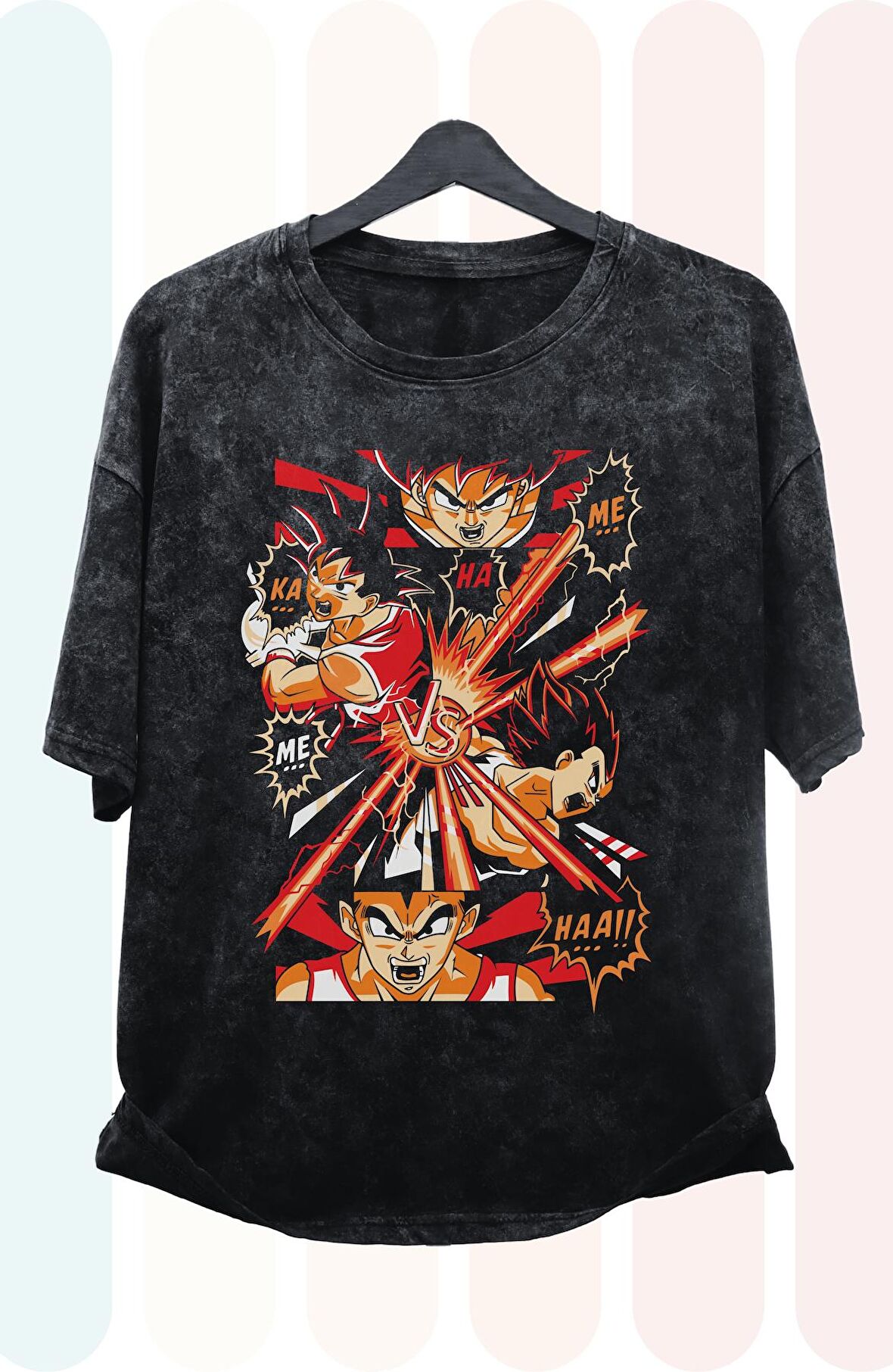 Oversize Dragon Ball Baskılı Yıkamalı T-Shirt, Unisex Anime Baskılı Eskitme Tişört