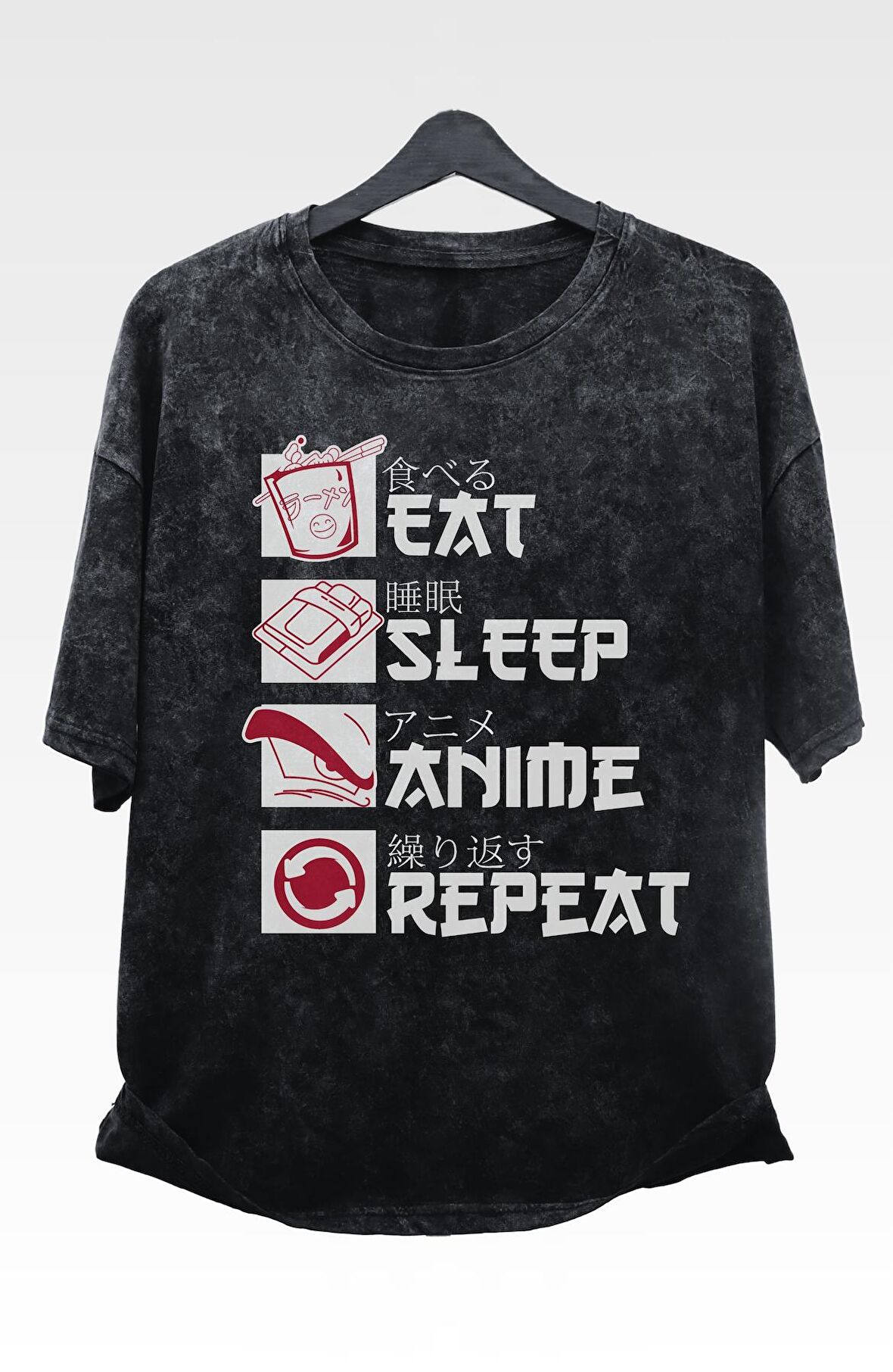 Oversize Eat Sleep Anime Repeat Baskılı Yıkamalı T-Shirt, Unisex Anime Baskılı Retro Tişört