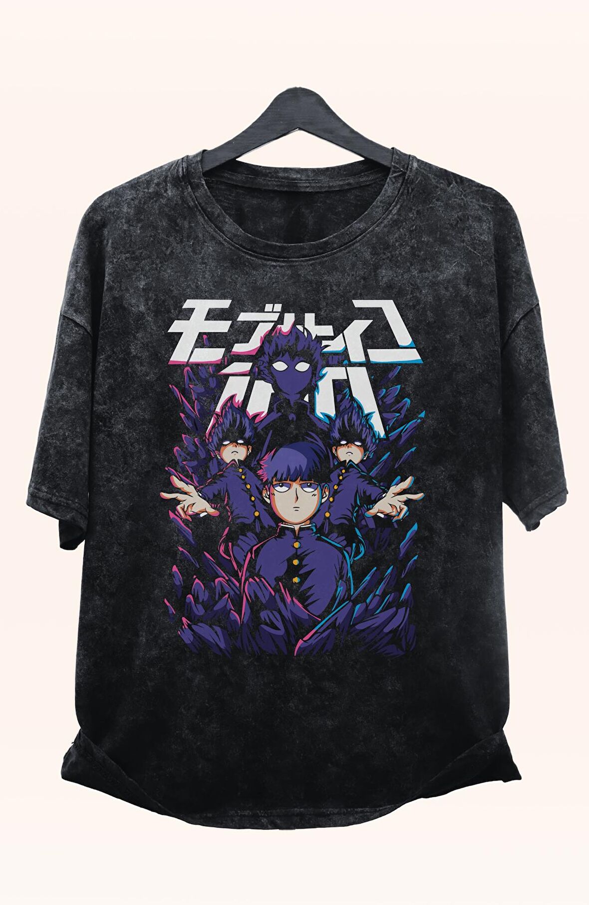 Oversize V2 Mob Psycho 100 Baskılı Yıkamalı T-Shirt, Unisex Anime Baskılı Eskitme Tişört