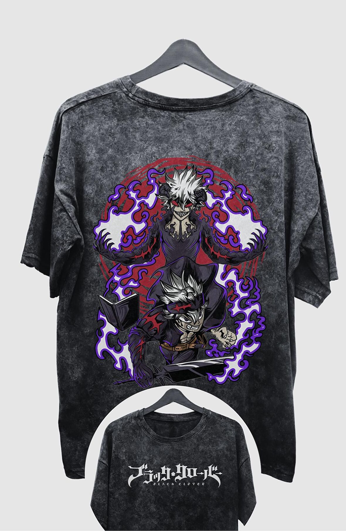 Oversize Black Clover Asta V4 Sırt Baskılı Yıkamalı T-Shirt, Unisex Anime Baskılı Eskitme Tişört