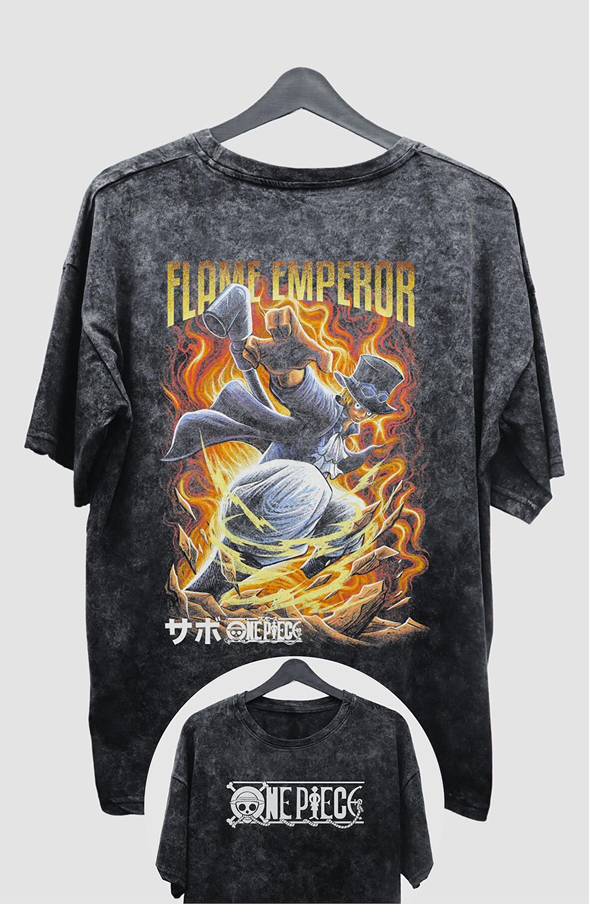 Oversize One Piece Sabo V2 Sırt Baskılı Yıkamalı T-Shirt, Unisex Anime Baskılı Retro Tişört