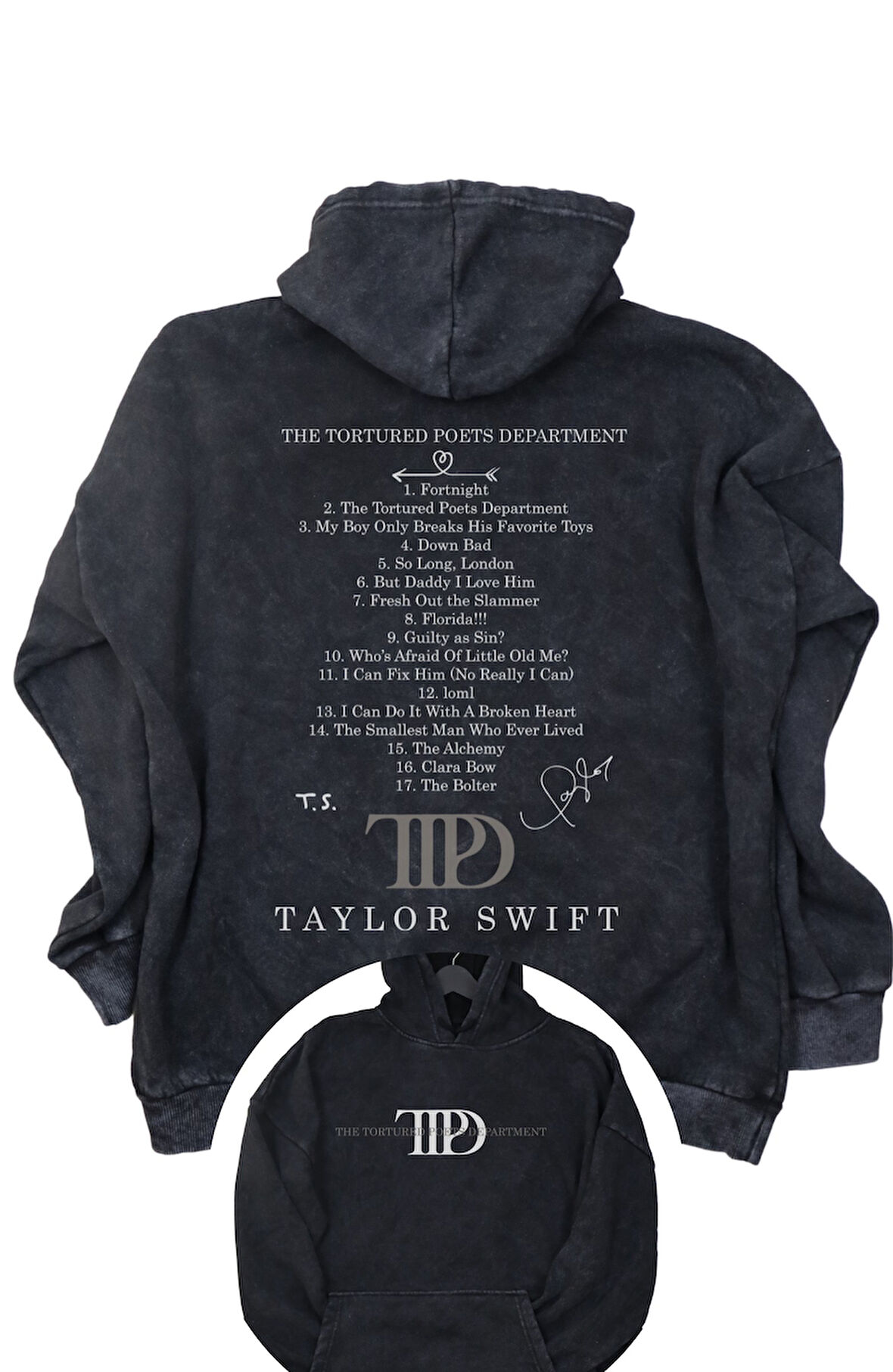 Unisex TTPD Sırt Baskılı Kapüşonlu Yıkamalı Sweatshirt, Oversize Taylor Swift Retro Hoodie