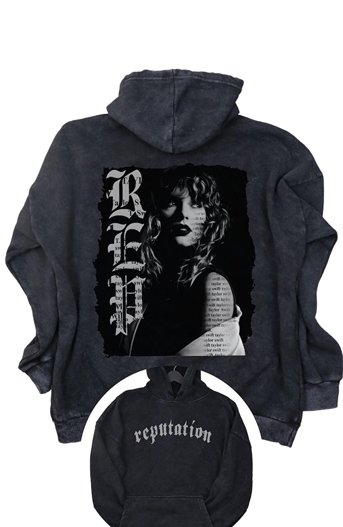 Unisex Reputation Sırt Baskılı Kapüşonlu Yıkamalı Sweatshirt, Oversize Taylor Swift Retro Hoodie