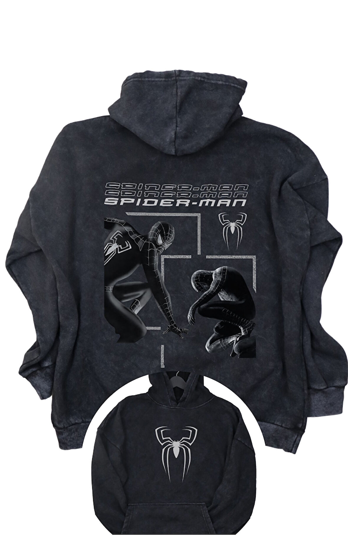 Unisex Silver Spiderman Sırt Baskılı Kapüşonlu Yıkamalı Sweatshirt, Oversize Örümcek Adam Hoodie