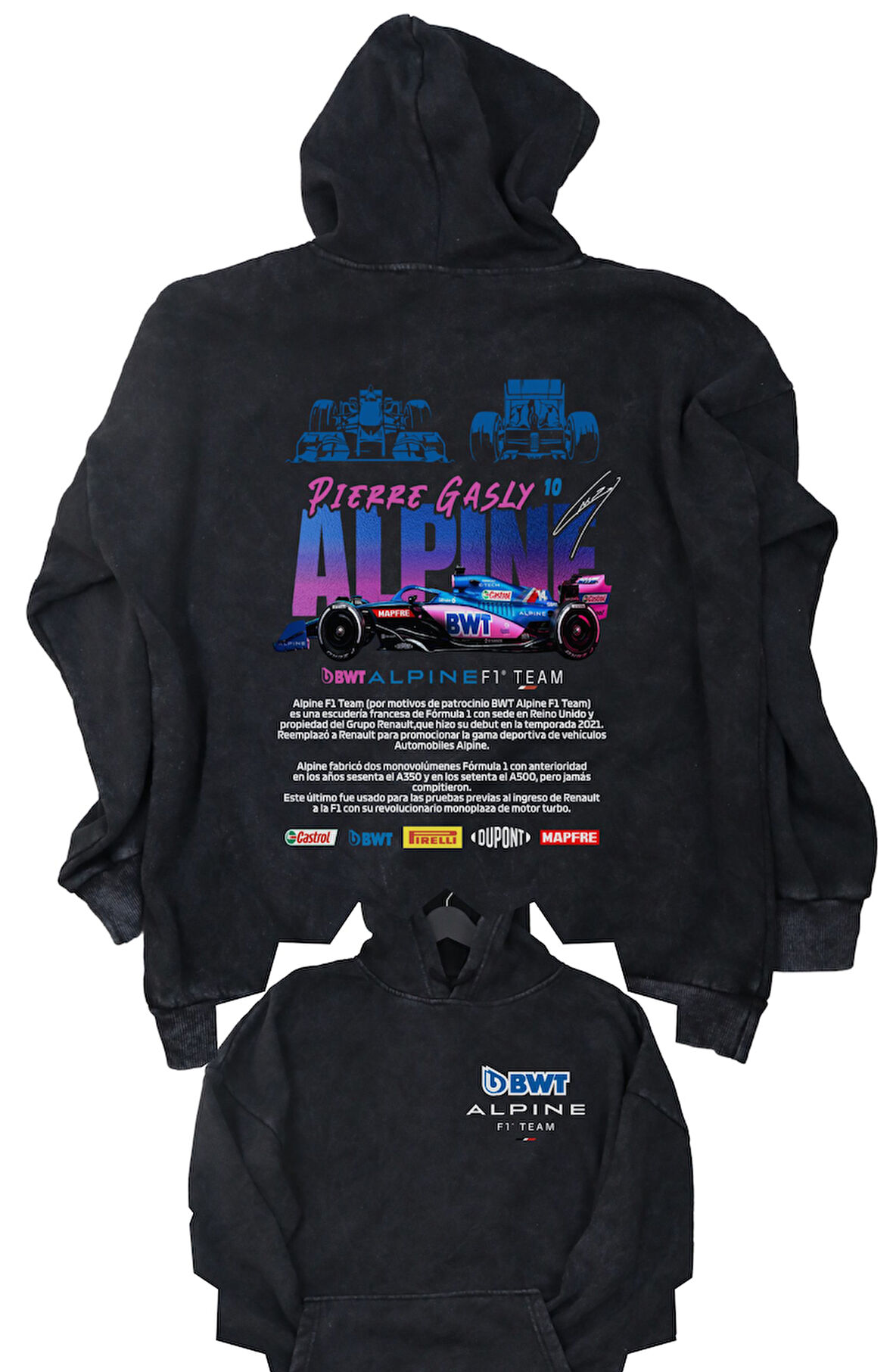 Unisex Bwt Alpine F1 Team Sırt Baskılı Kapüşonlu Yıkamalı Sweatshirt, Oversize F1 Eskitme Hoodie