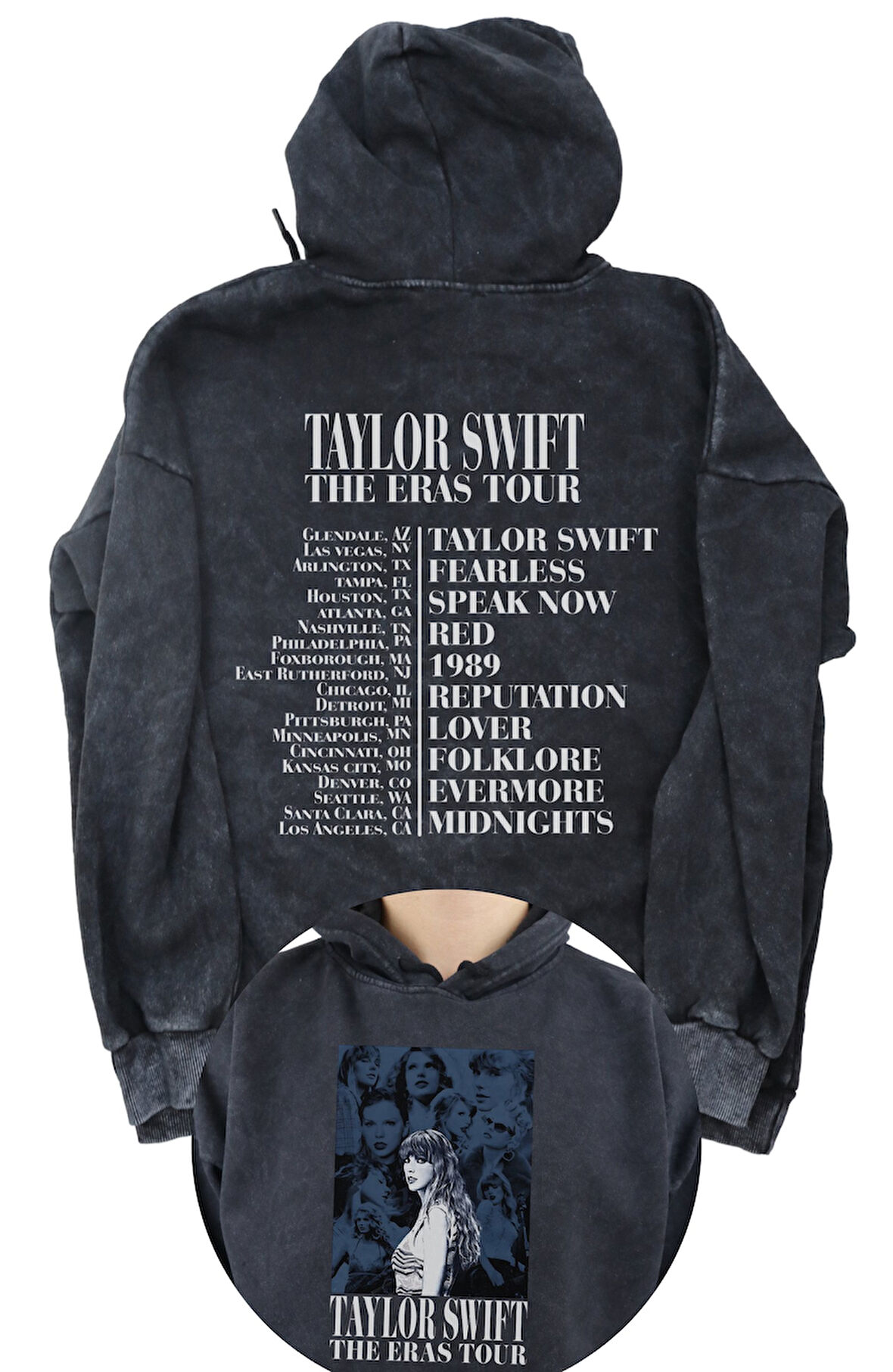 Unisex Taylor Swift Eras Tour Sırt Baskılı Kapüşonlu Yıkamalı Sweatshirt, Oversize Vintage Hoodie