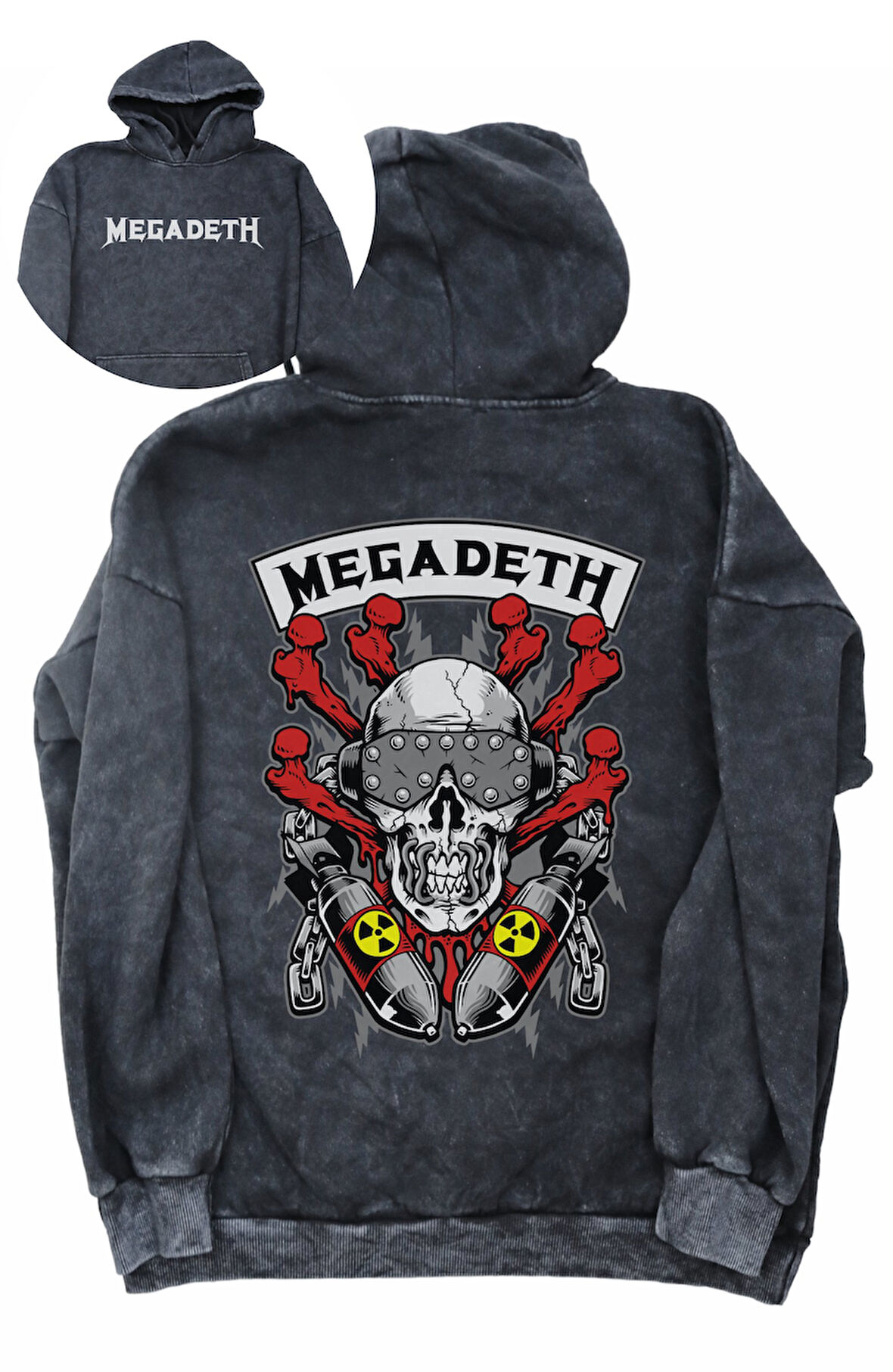 Unisex Megadeth Rock Sırt Baskılı Kapüşonlu Yıkamalı Sweatshirt, Oversize Rock Band Vintage Hoodie