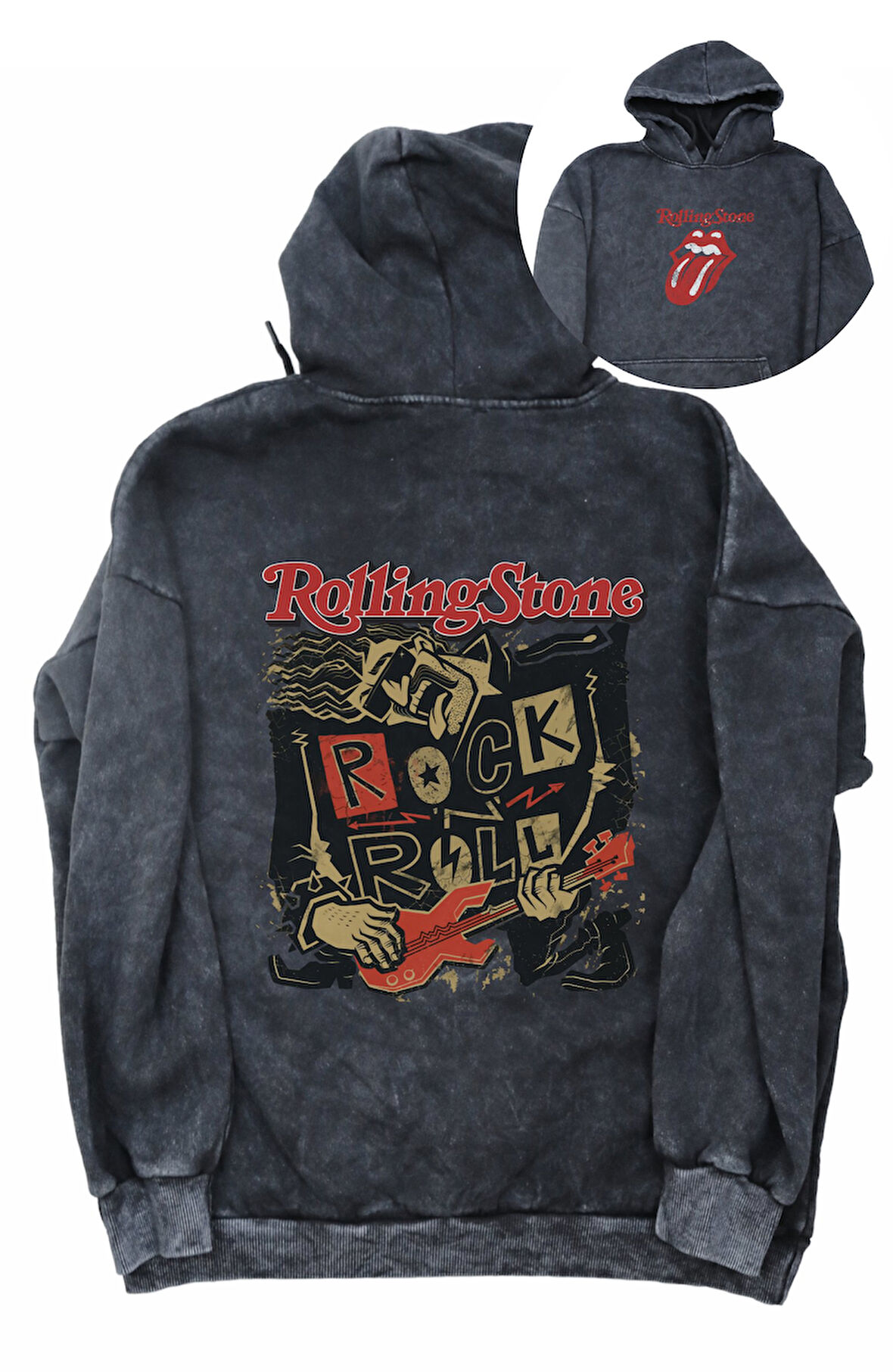 Unisex Rolling Stone Sırt Baskılı Kapüşonlu Yıkamalı Sweatshirt, Oversize Rock Band Baskılı Hoodie