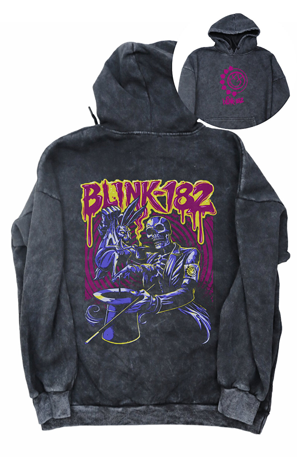 Unisex Blink-182 Sırt Baskılı Kapüşonlu Yıkamalı Sweatshirt,Oversize Rock Band Baskı Retro Hoodie