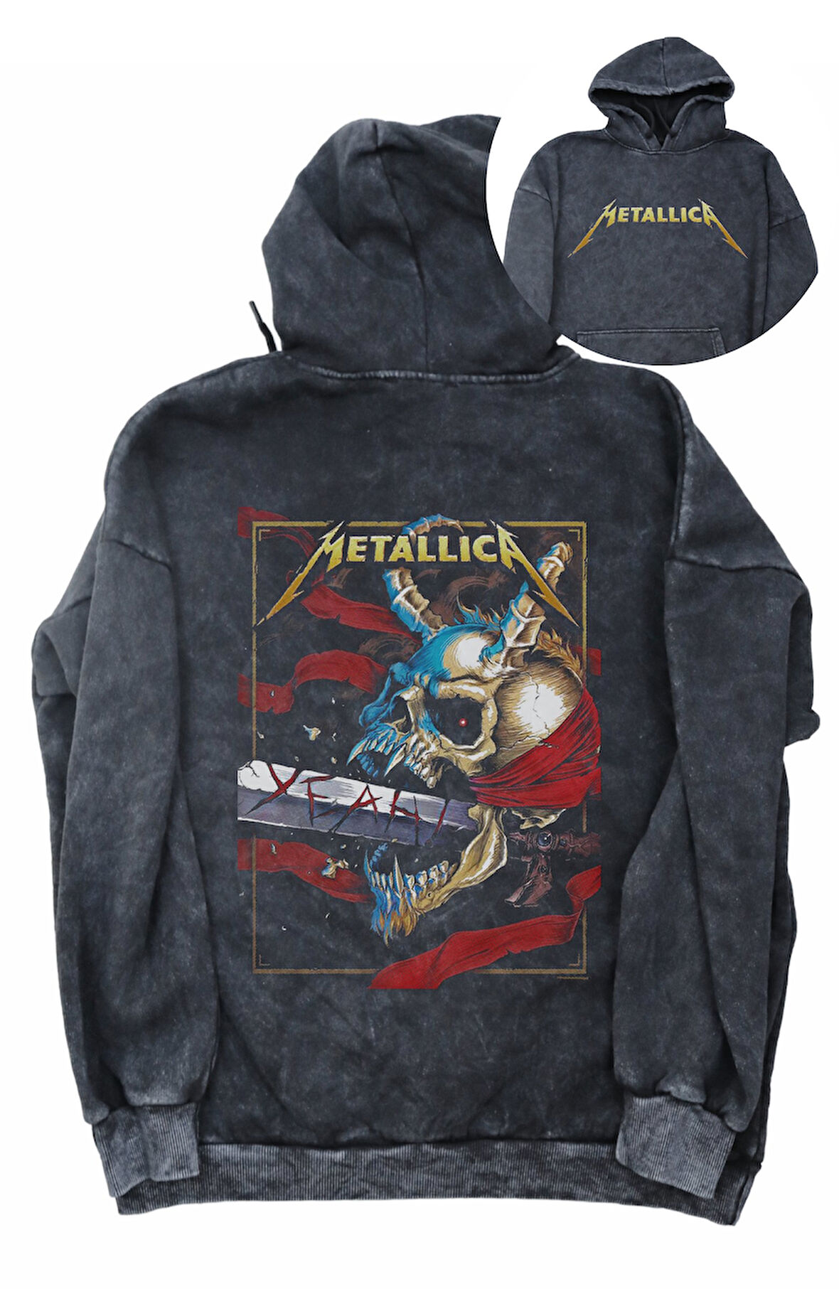 Unisex Kılıç Metallica Sırt Baskılı Kapüşonlu Yıkamalı Sweatshirt,Oversize Rock Band Baskılı Hoodie