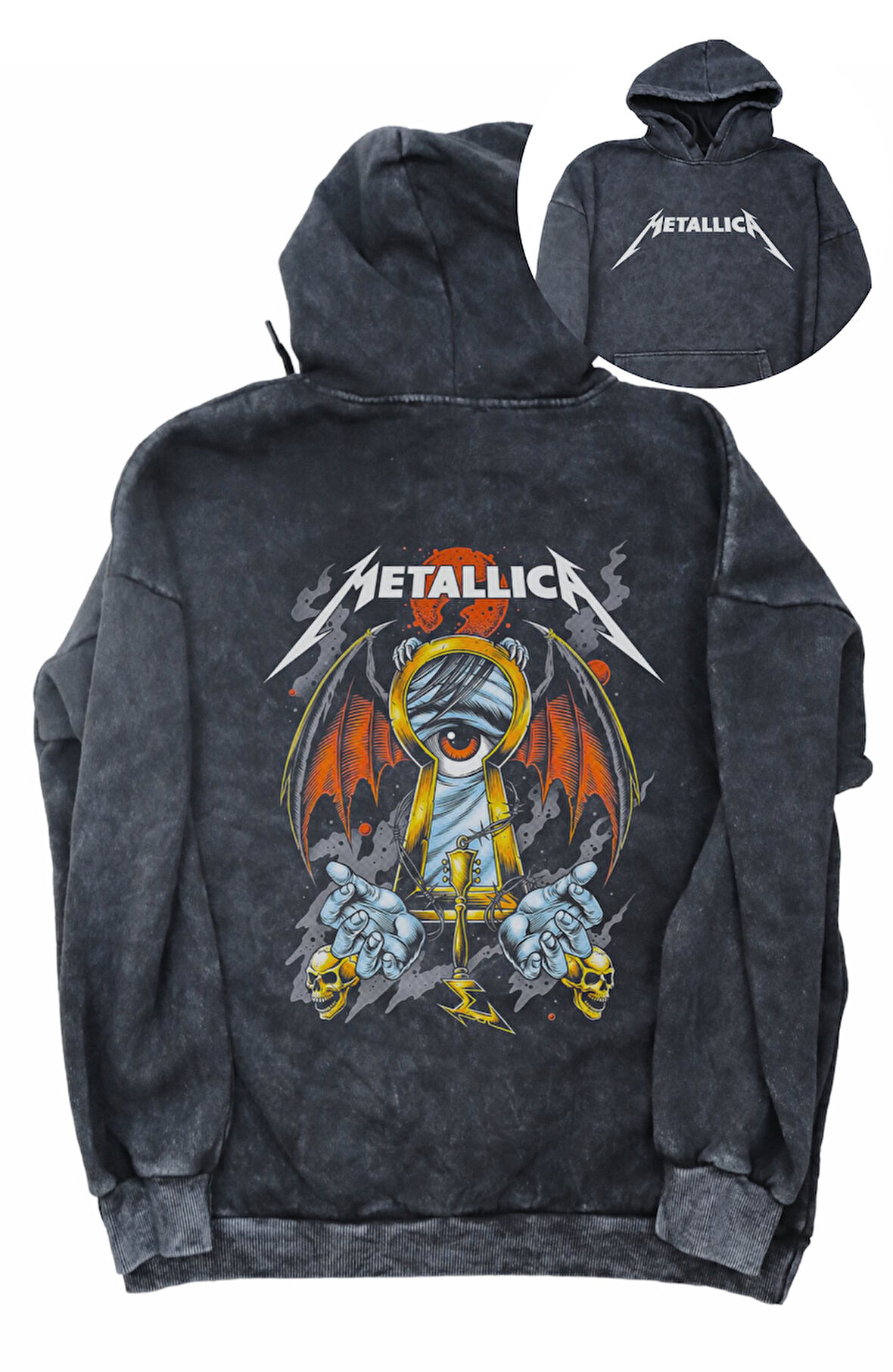 Unisex Rock Band Sırt Baskılı Kapüşonlu Yıkamalı Sweatshirt, Oversize Metallica Baskılı Hoodie