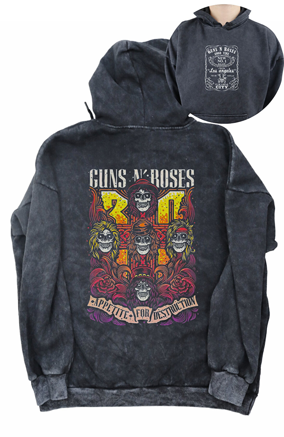 Unisex Guns N'Roses Sırt Baskılı Kapüşonlu Yıkamalı Sweatshirt, Oversize Rock Band Baskılı Hoodie