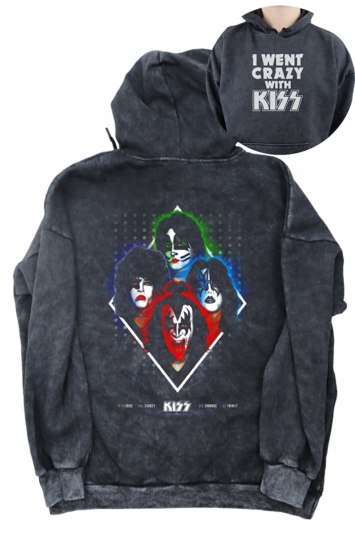 Unisex Kiss Rock Band Sırt Baskılı Kapüşonlu Yıkamalı Sweatshirt, Oversize Baskılı Vintage Hoodie