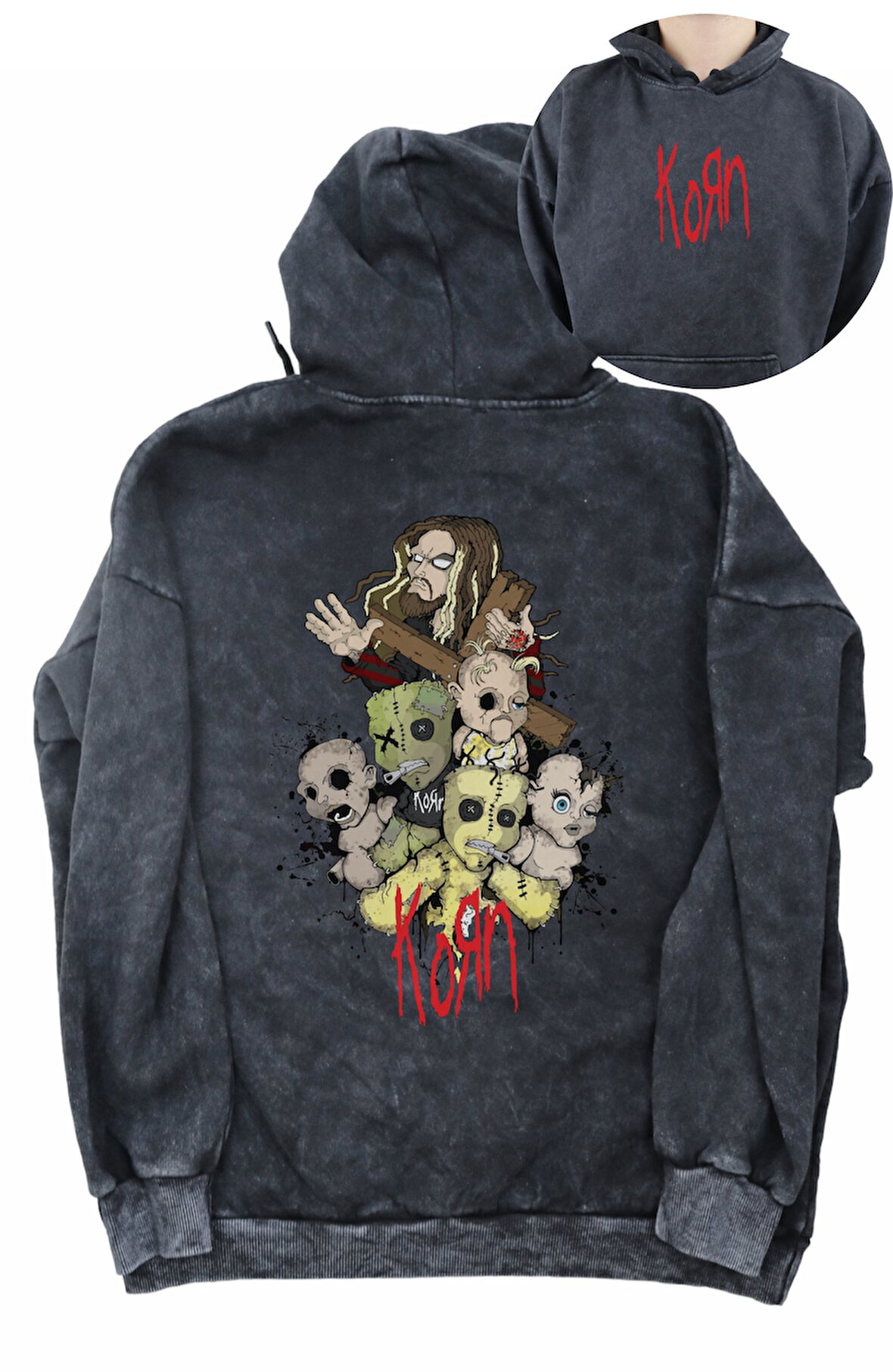 Unisex Korn Rock Band Sırt Baskılı Kapüşonlu Yıkamalı Sweatshirt, Oversize Baskılı Eskitme Hoodie