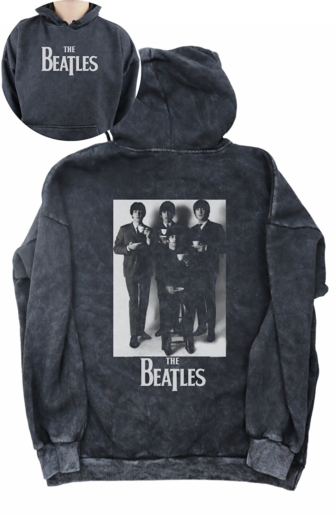 Unisex The Beatles Sırt Baskılı Kapüşonlu Yıkamalı Sweatshirt, Oversize Rock Band Baskılı Hoodie