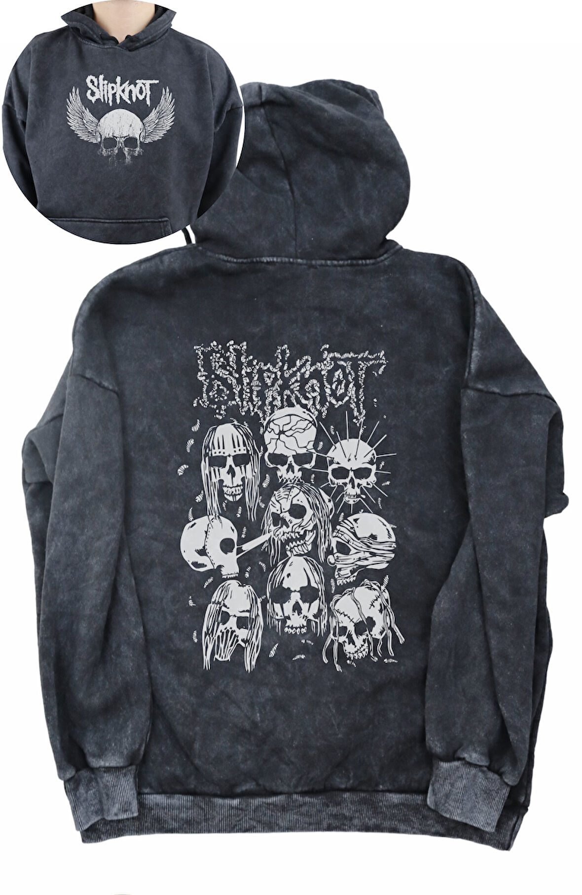Unisex Slipknot Sırt Baskılı Kapüşonlu Yıkamalı Sweatshirt, Oversize Rock Band Baskı Vintage Hoodie
