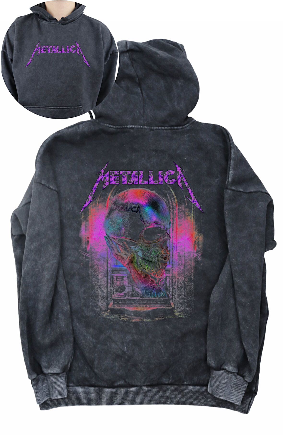 Unisex Vintage Metallica Sırt Baskılı Kapüşonlu Yıkamalı Sweatshirt,Oversize Rock Band Baskı Hoodie