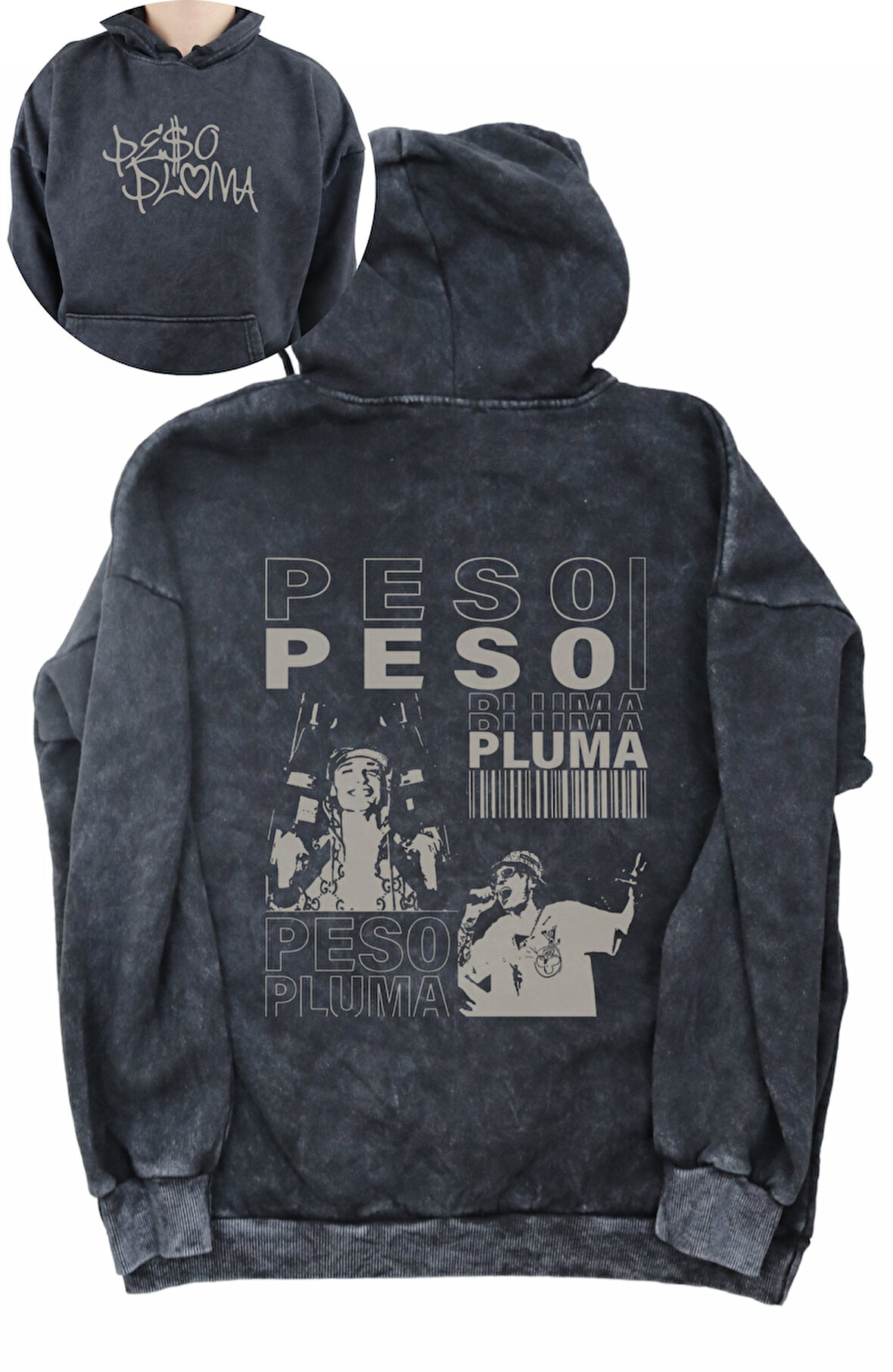 Unisex Peso Pluma Sırt Baskılı Kapüşonlu Yıkamalı Sweatshirt, Oversize Rapper Baskıllı Retro Hoodie