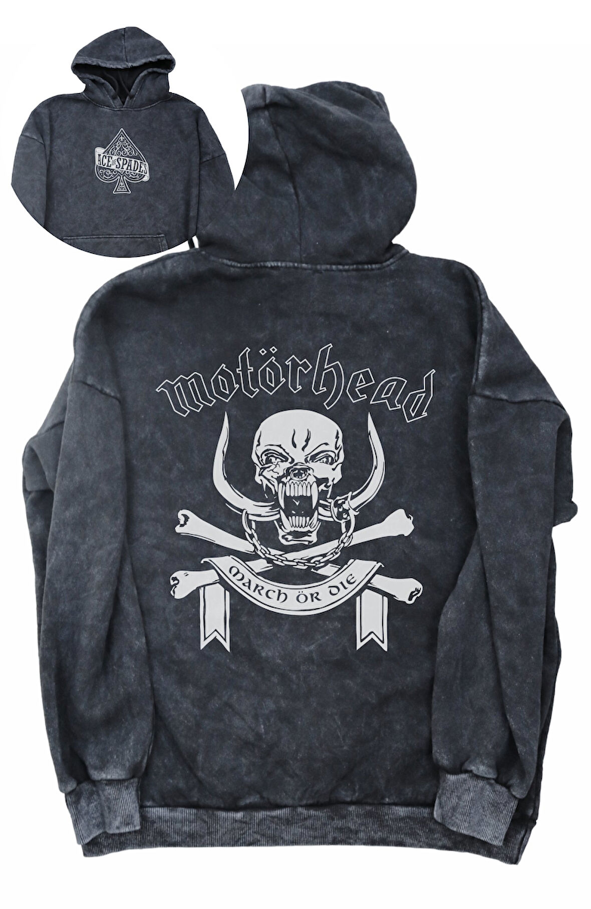 Unisex Motörhead Sırt Baskılı Kapüşonlu Yıkamalı Sweatshirt, Oversize Rock Band Baskılı Hoodie