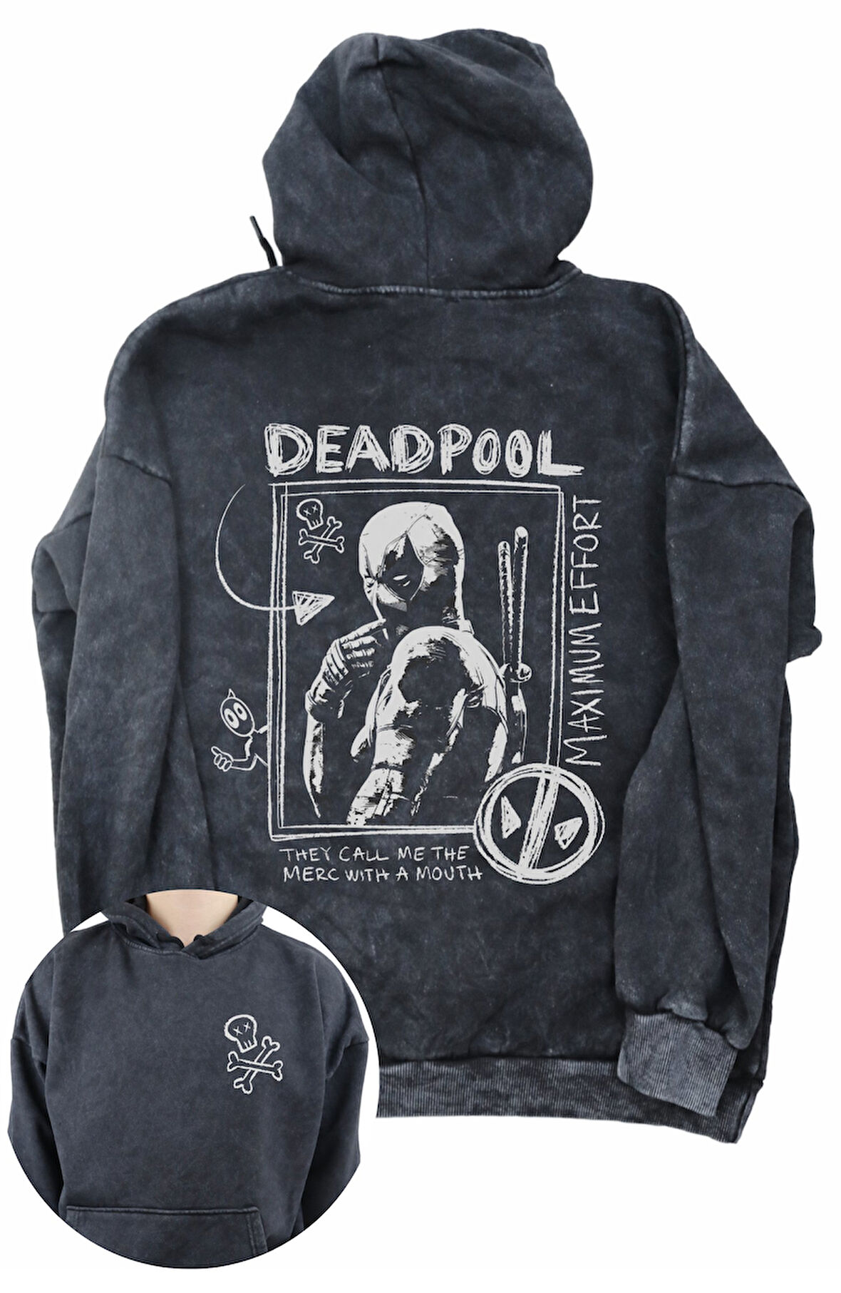 Unisex Deadpool Funny Sırt Baskılı Kapüşonlu Yıkamalı Sweatshirt, Oversize Deadpool Baskılı Hoodie