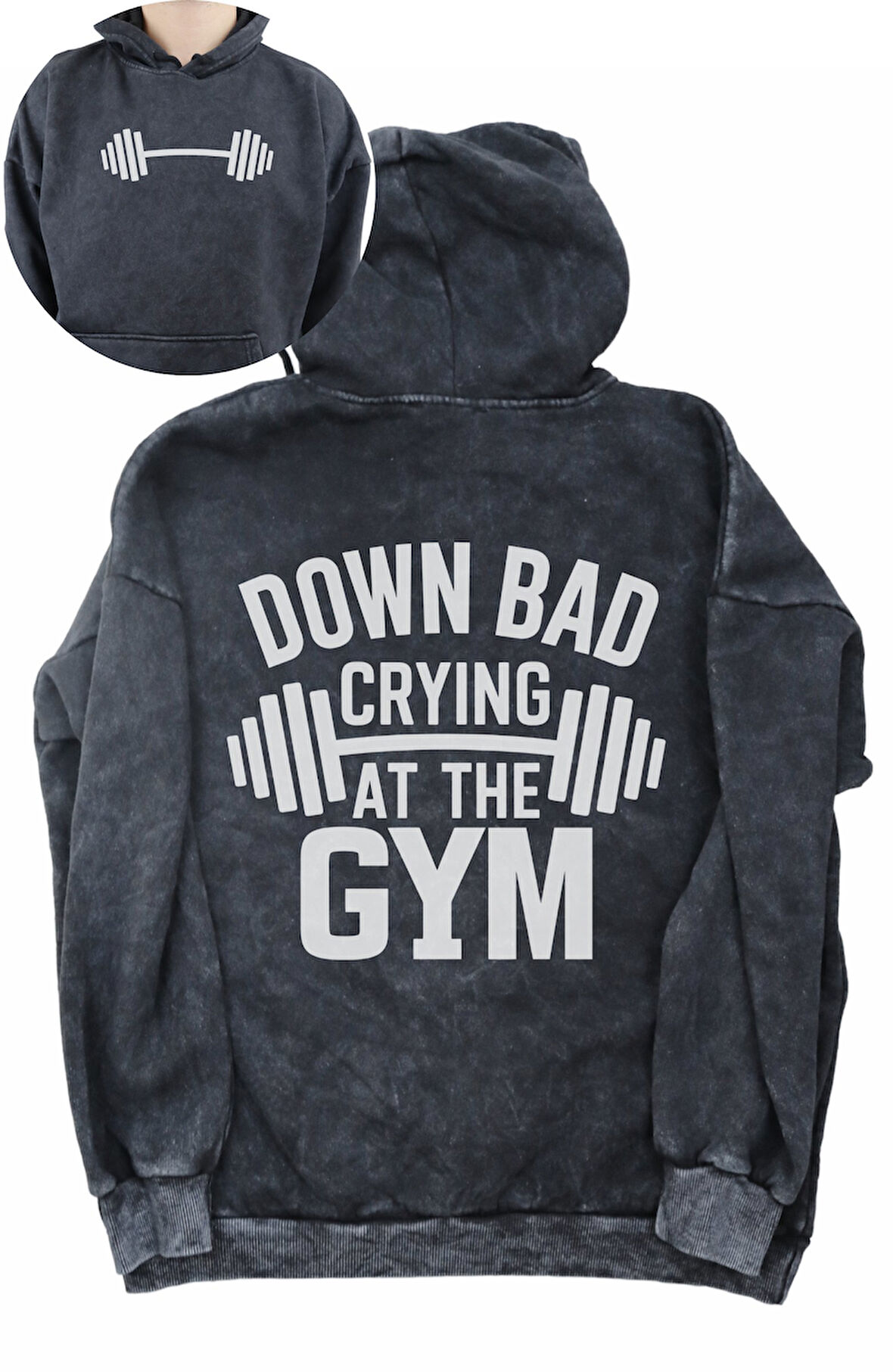 Unisex Oversize Down Bad Crying At The Gym Dambıl Sırt Baskılı Kapüşonlu Yıkamalı Sweatshirt