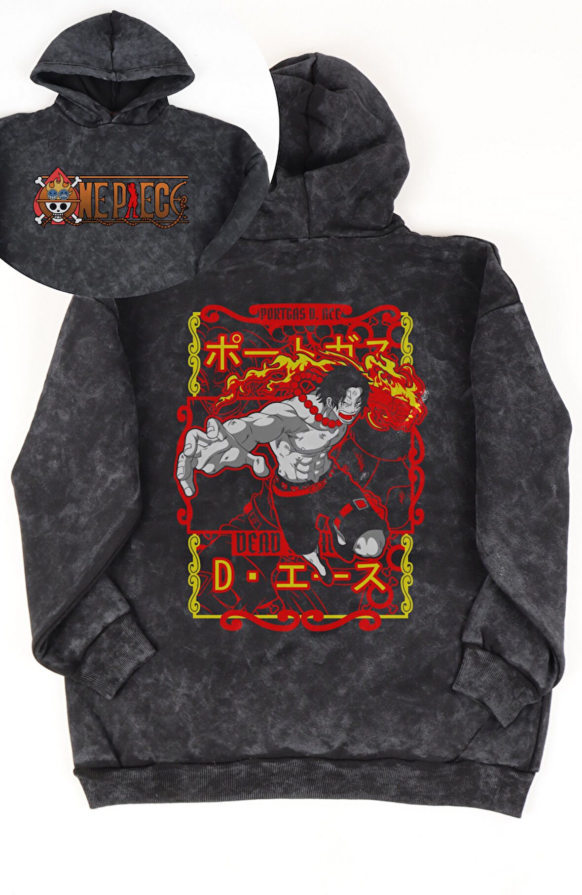 Unisex Portgas D. Ace Sırt Baskılı Kapüşonlu Yıkamalı Sweatshirt, Oversize Anime Temalı Hoodie