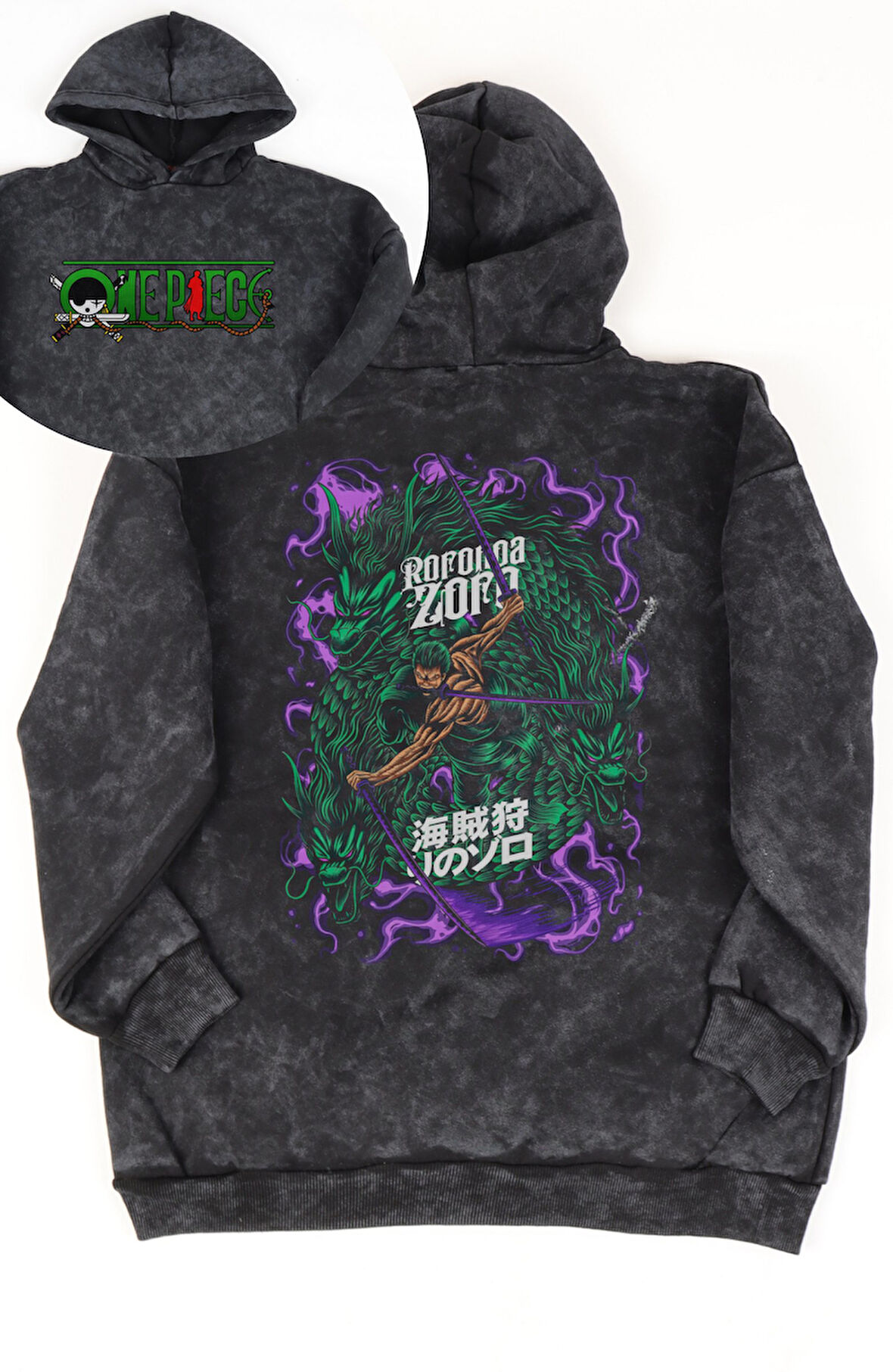 Unisex One Piece Zoro Sırt Baskılı Kapüşonlu Yıkamalı Sweatshirt, Oversize Anime Temalı Hoodie