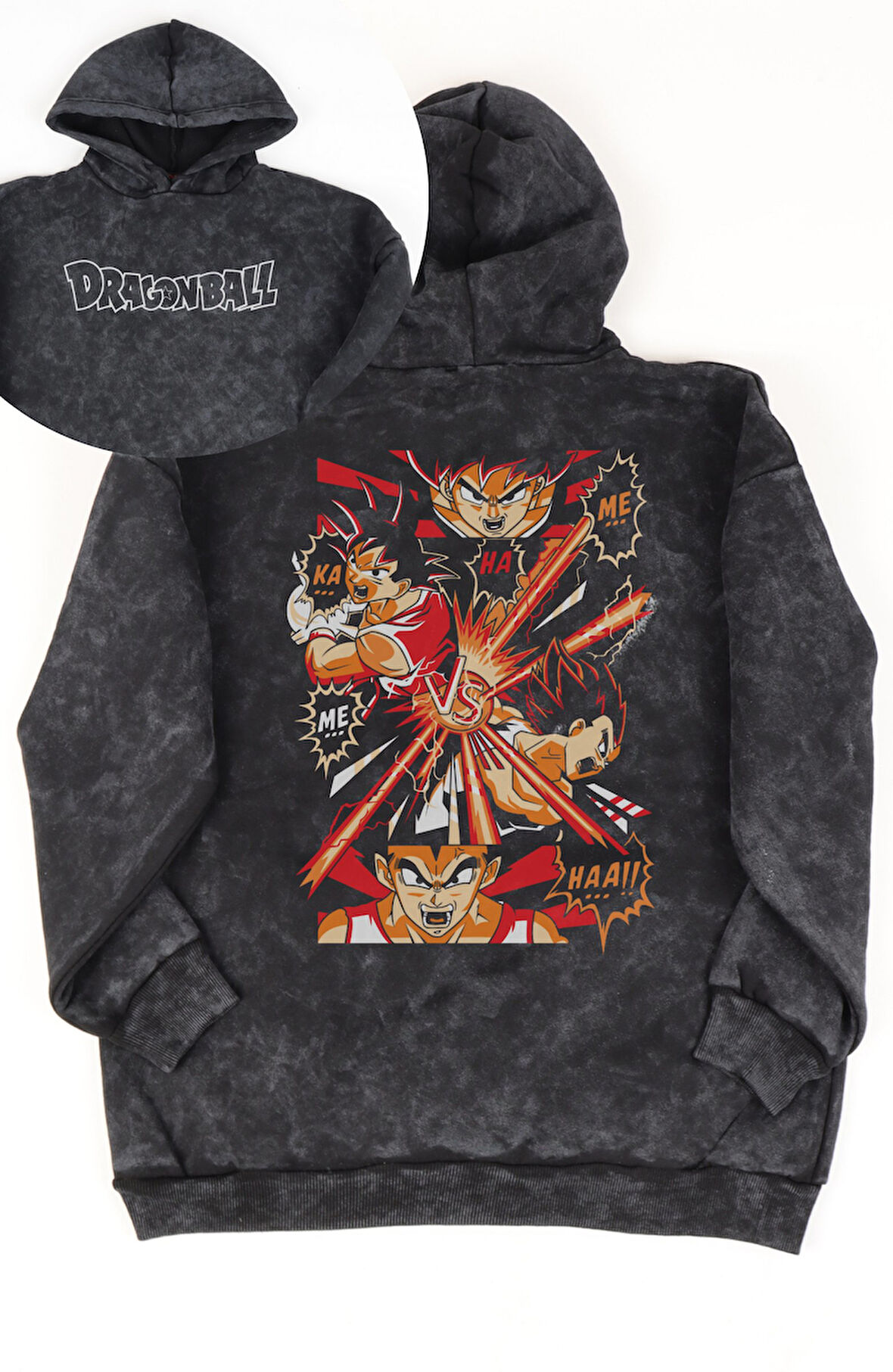 Unisex Dragon Ball Sırt Baskılı Kapüşonlu Yıkamalı Sweatshirt, Oversize Anime Temalı Eskitme Hoodie