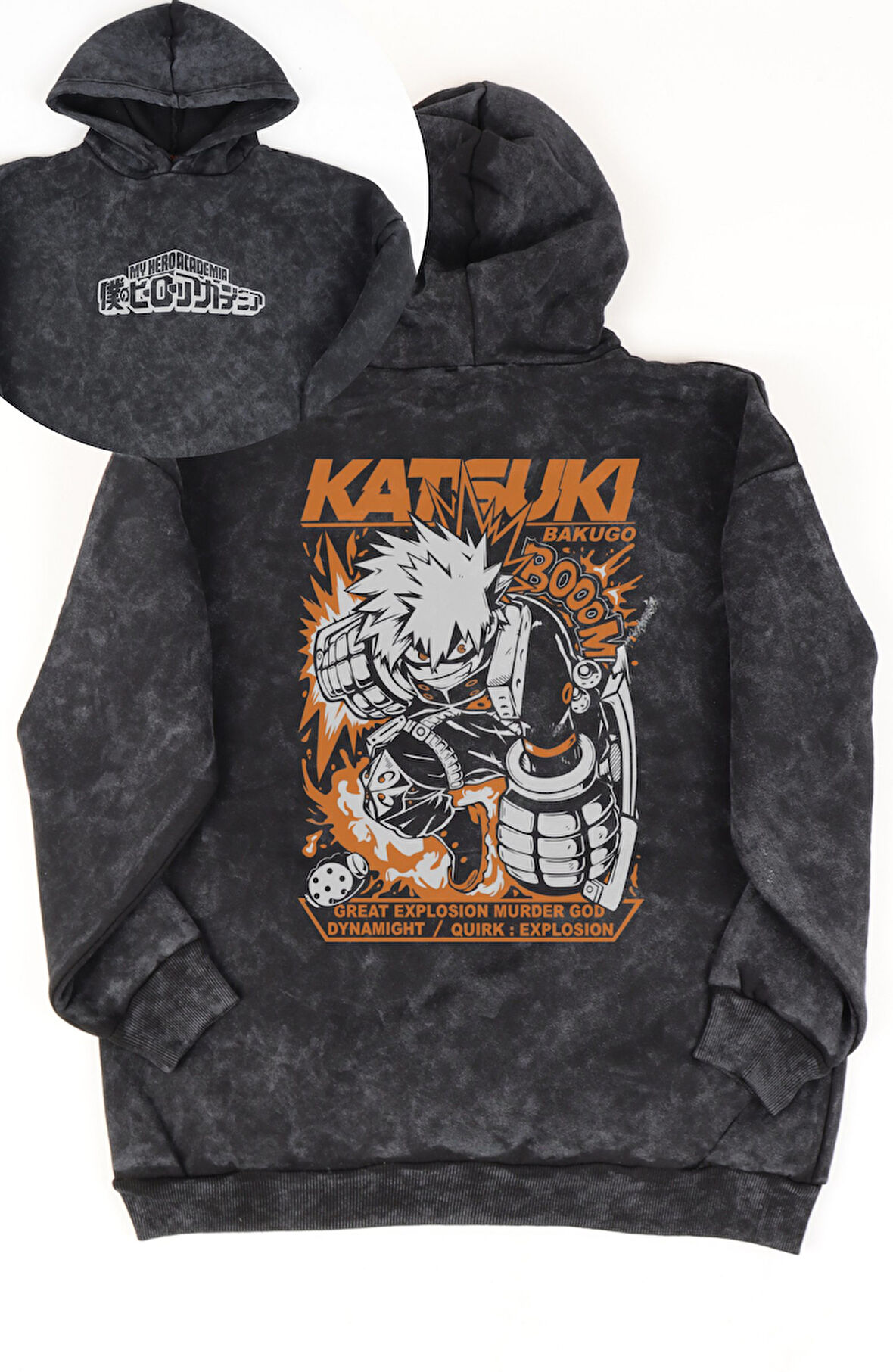 Unisex MHA Katsuki Bakugo Sırt Baskılı Kapüşonlu Yıkamalı Sweatshirt, Oversize Anime Temalı Hoodie