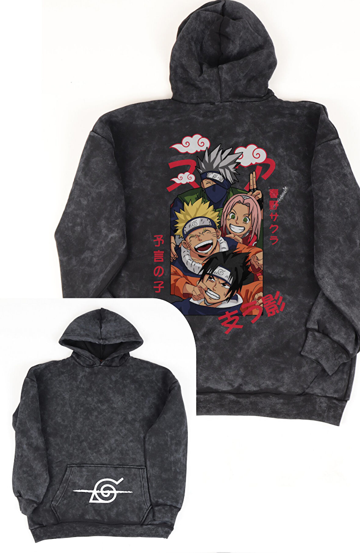 Unisex Naruto Karakterleri Sırt Baskılı Kapüşonlu Yıkamalı Sweatshirt, Oversize Anime Temalı Hoodie