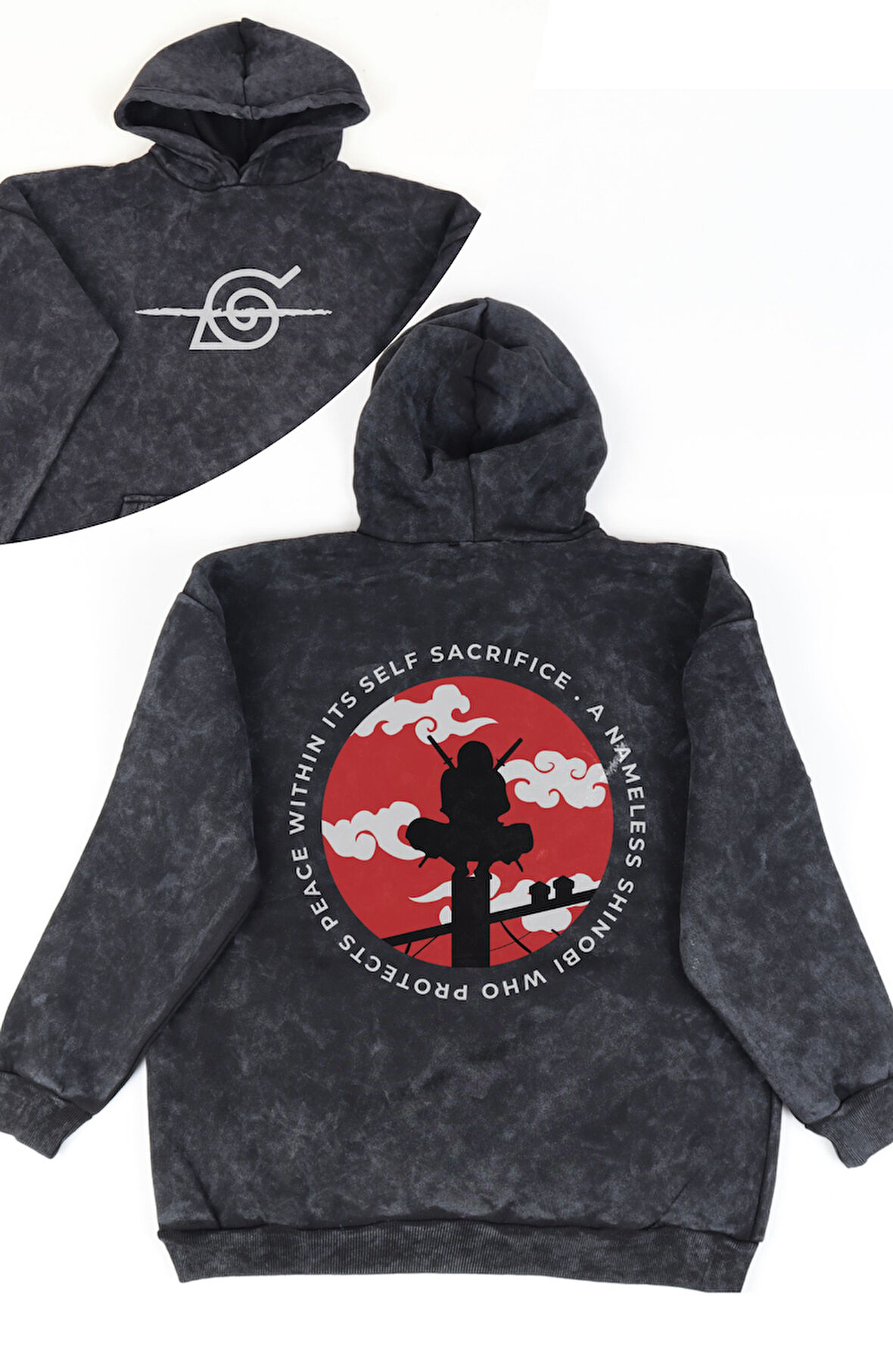 Unisex Naruto Itachi Sırt Baskılı Kapüşonlu Yıkamalı Sweatshirt, Oversize Anime Eskitme Hoodie