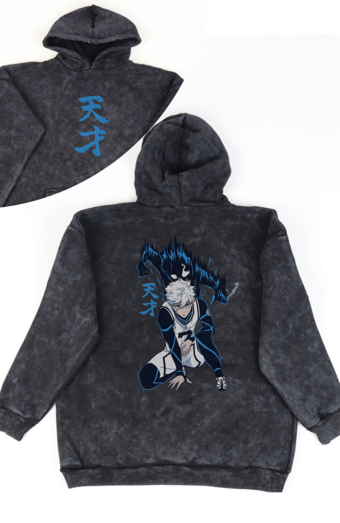 Unisex Seishiro Nagi Sırt Baskılı Kapüşonlu Yıkamalı Sweatshirt, Oversize Bluelock Anime Hoodie