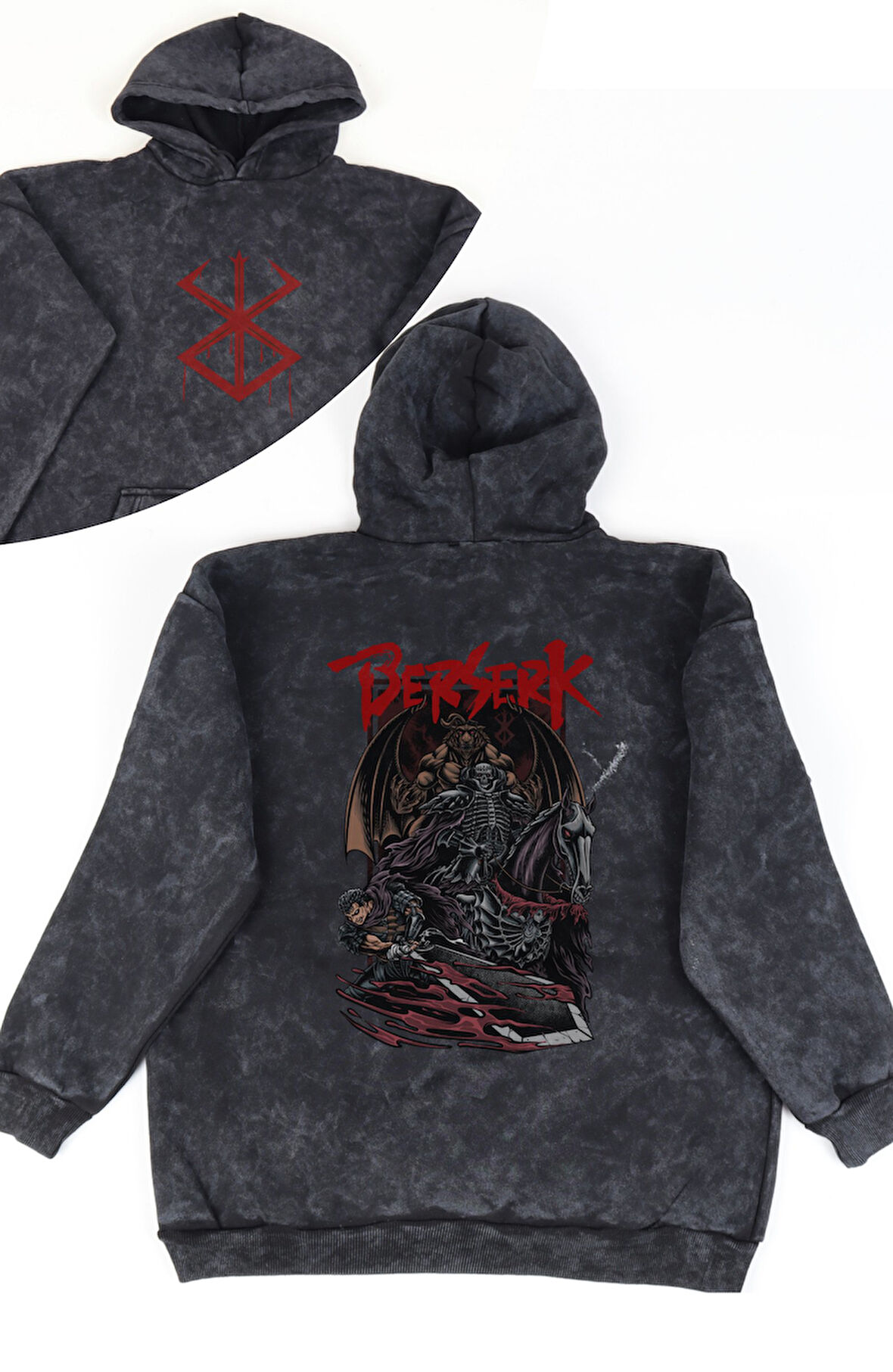 Unisex Berserk Sırt Baskılı Kapüşonlu Yıkamalı Sweatshirt, Oversize Anime Temalı Eskitme Hoodie