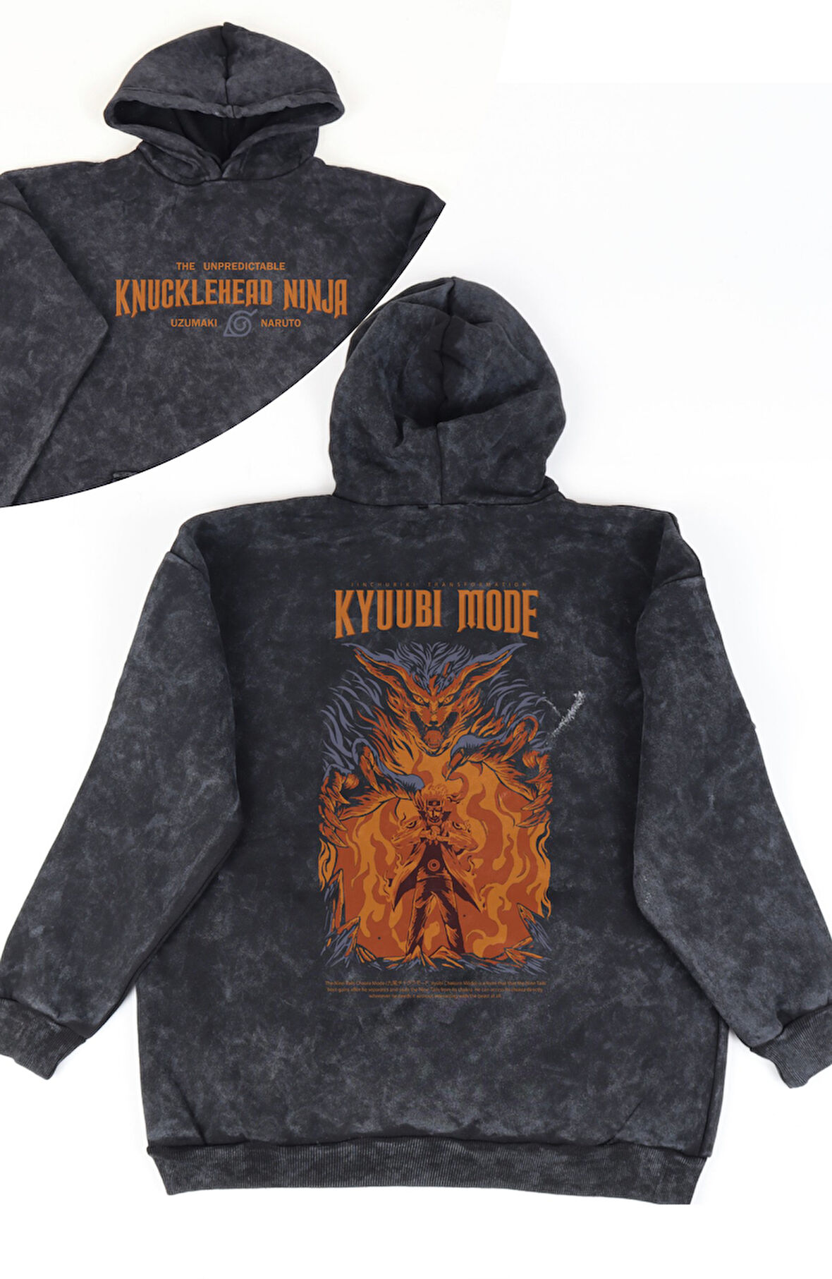Unisex Kyuubi Mode Kurama Sırt Baskılı Kapüşonlu Yıkamalı Sweatshirt, Oversize Anime Naruto Hoodie