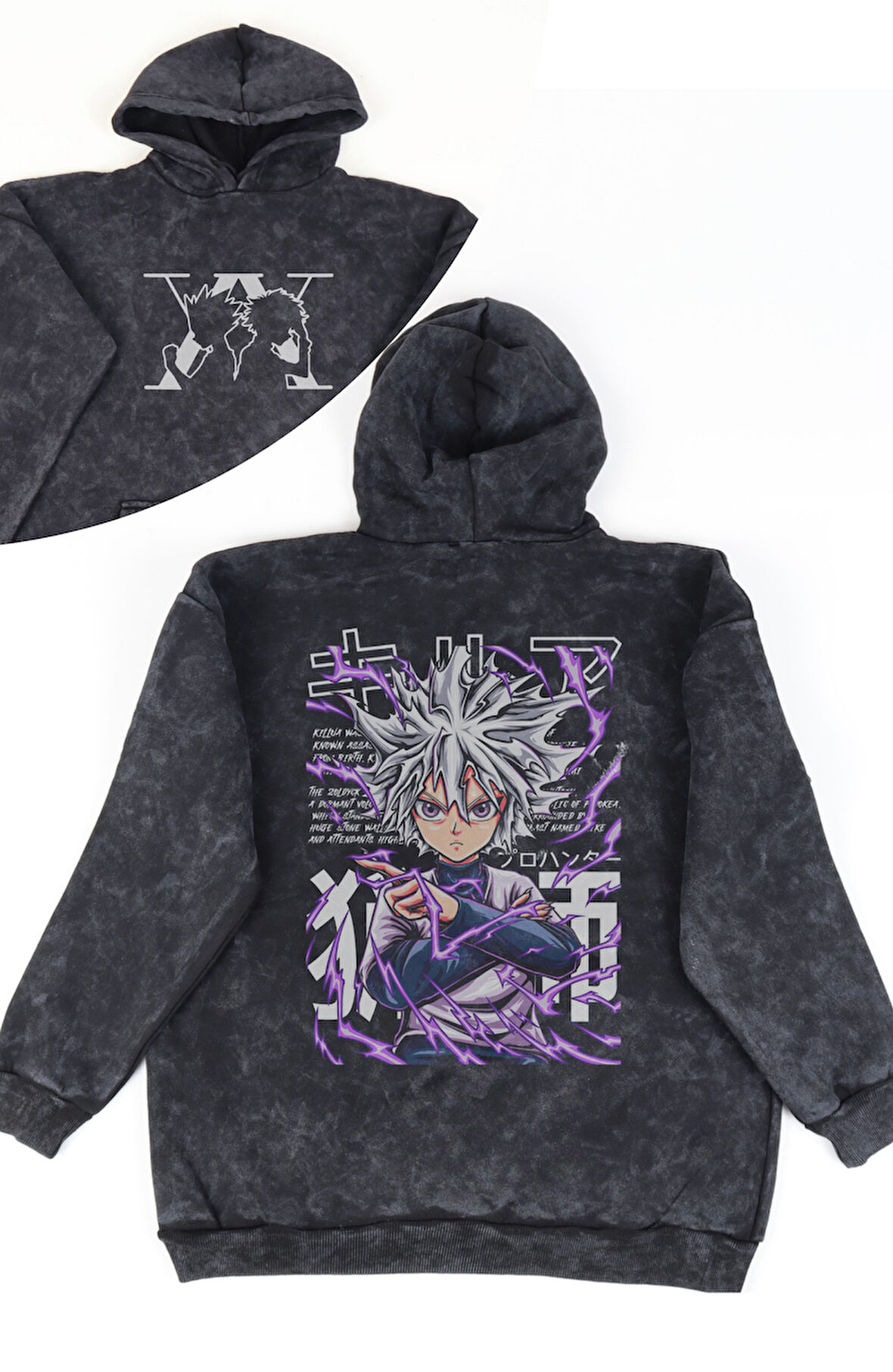Unisex Hunter X Hunter Killua Sırt Baskılı Kapüşonlu Yıkamalı Sweatshirt, Oversize Anime Hoodie