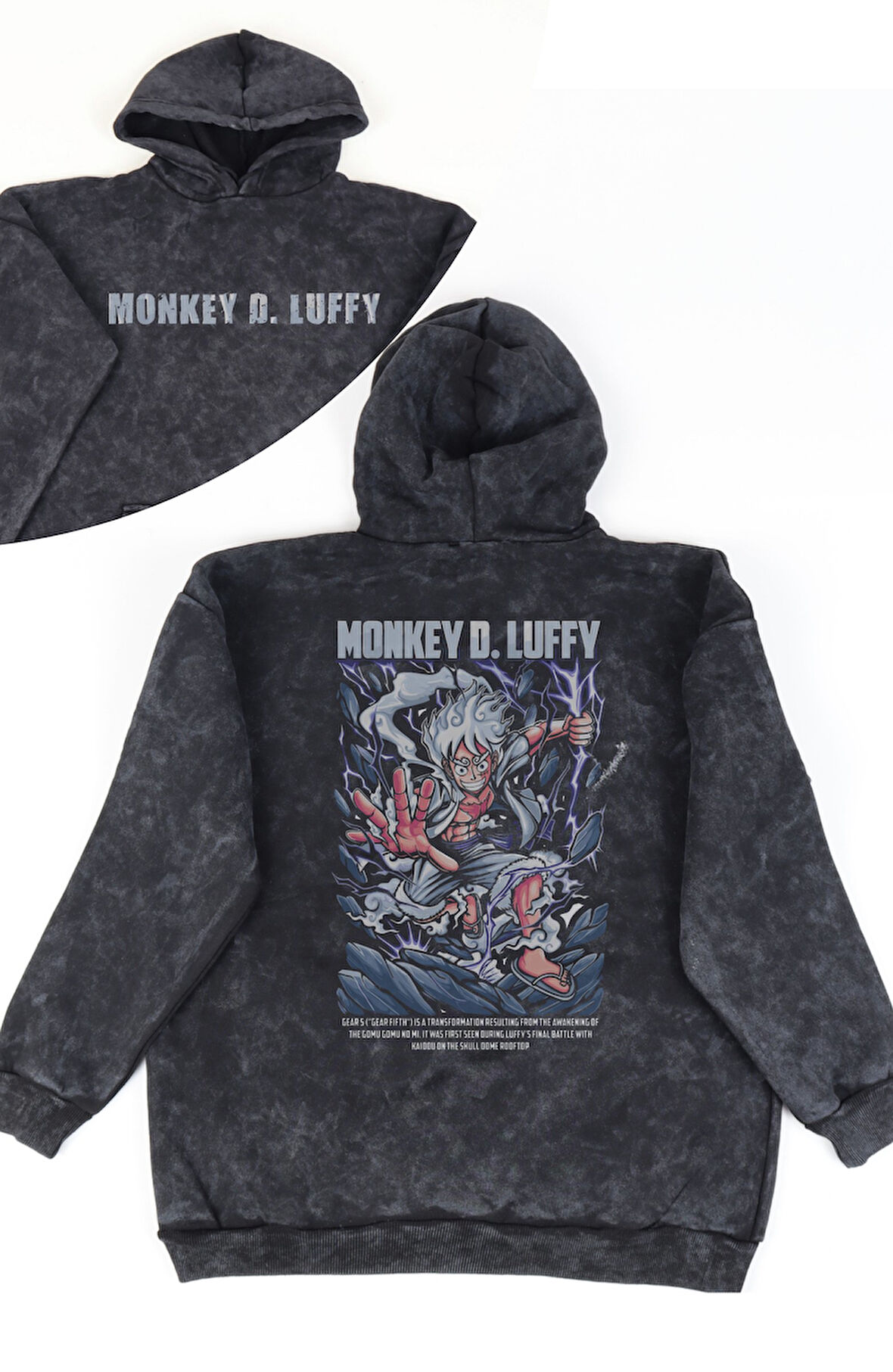 Unisex Monkey D Luffy Yazılı Sırt Baskılı Kapüşonlu Yıkamalı Sweatshirt, Oversize Anime Hoodie