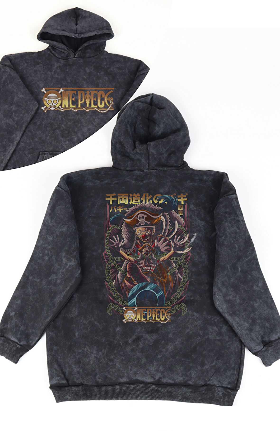 Unisex Buggy One Piece Sırt Baskılı Kapüşonlu Yıkamalı Sweatshirt, Oversize Anime Temalı Hoodie