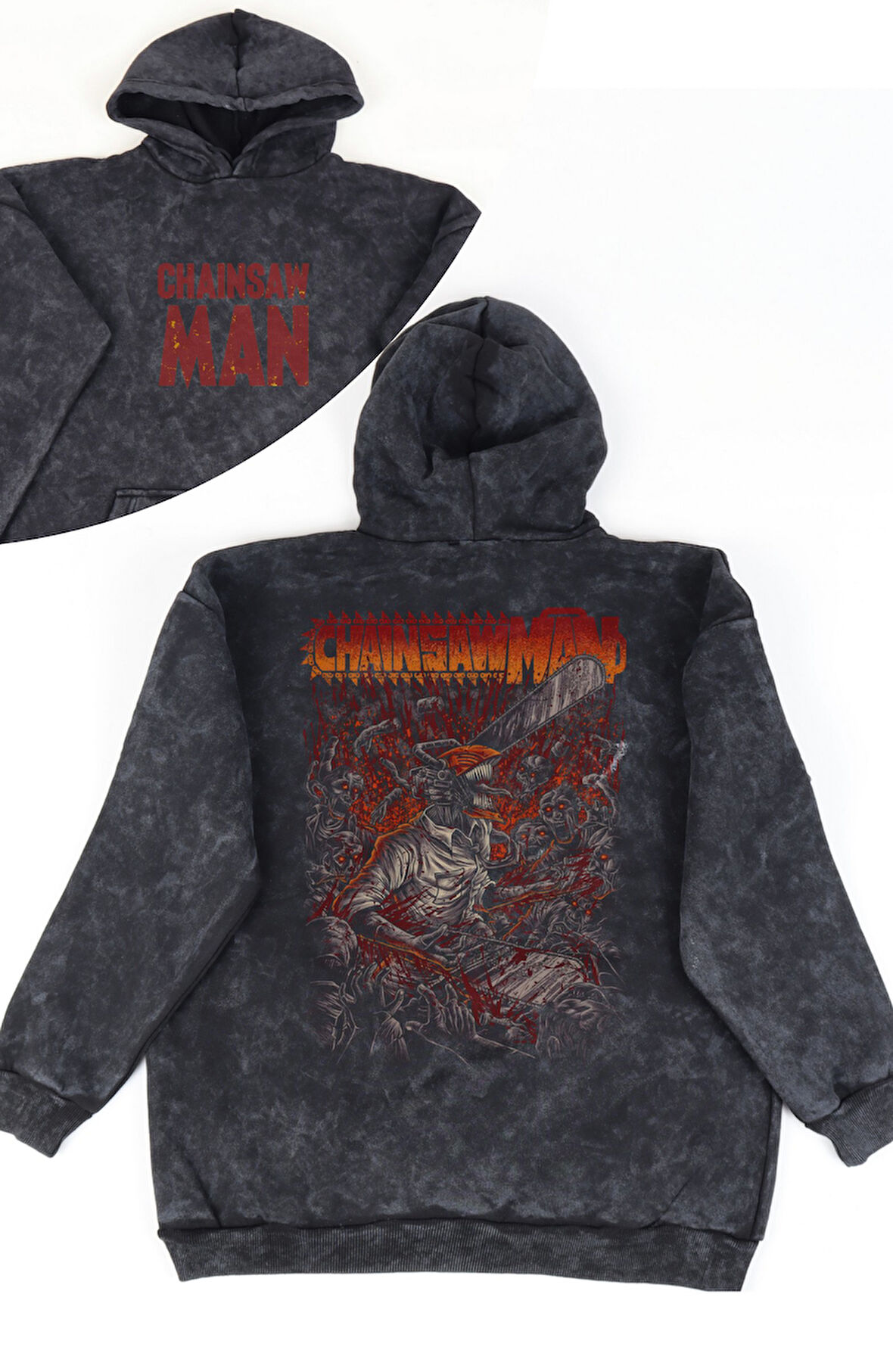 Unisex Oversize Chainsaw Man Sırt Baskılı Kapüşonlu Yıkamalı Anime Sweatshirt
