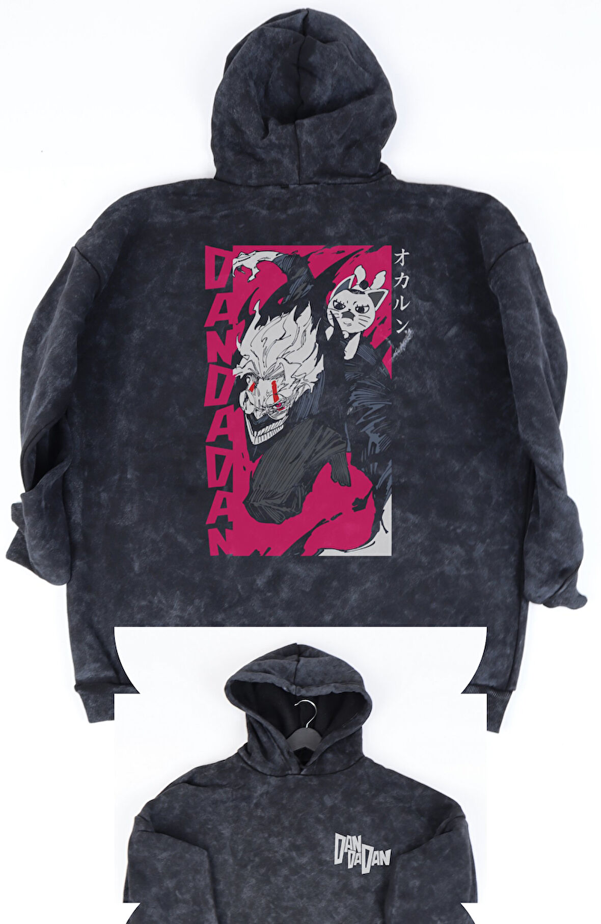 Oversize Okarun ve Turbo Granny Sırt Baskılı Kapüşonlu Yıkamalı Sweatshirt, Dandadan Anime Hoodie