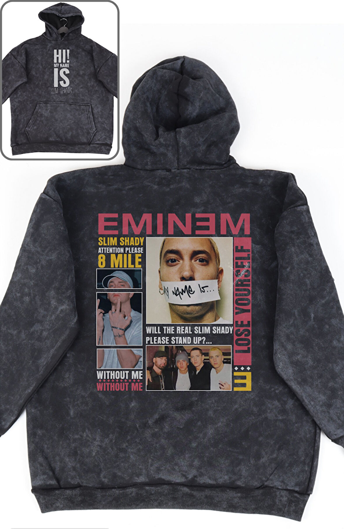 Oversize Eminem Slim Shady Sırt Baskılı Kapüşonlu Yıkamalı Sweatshirt, Unisex Rapper Temalı Hoodie